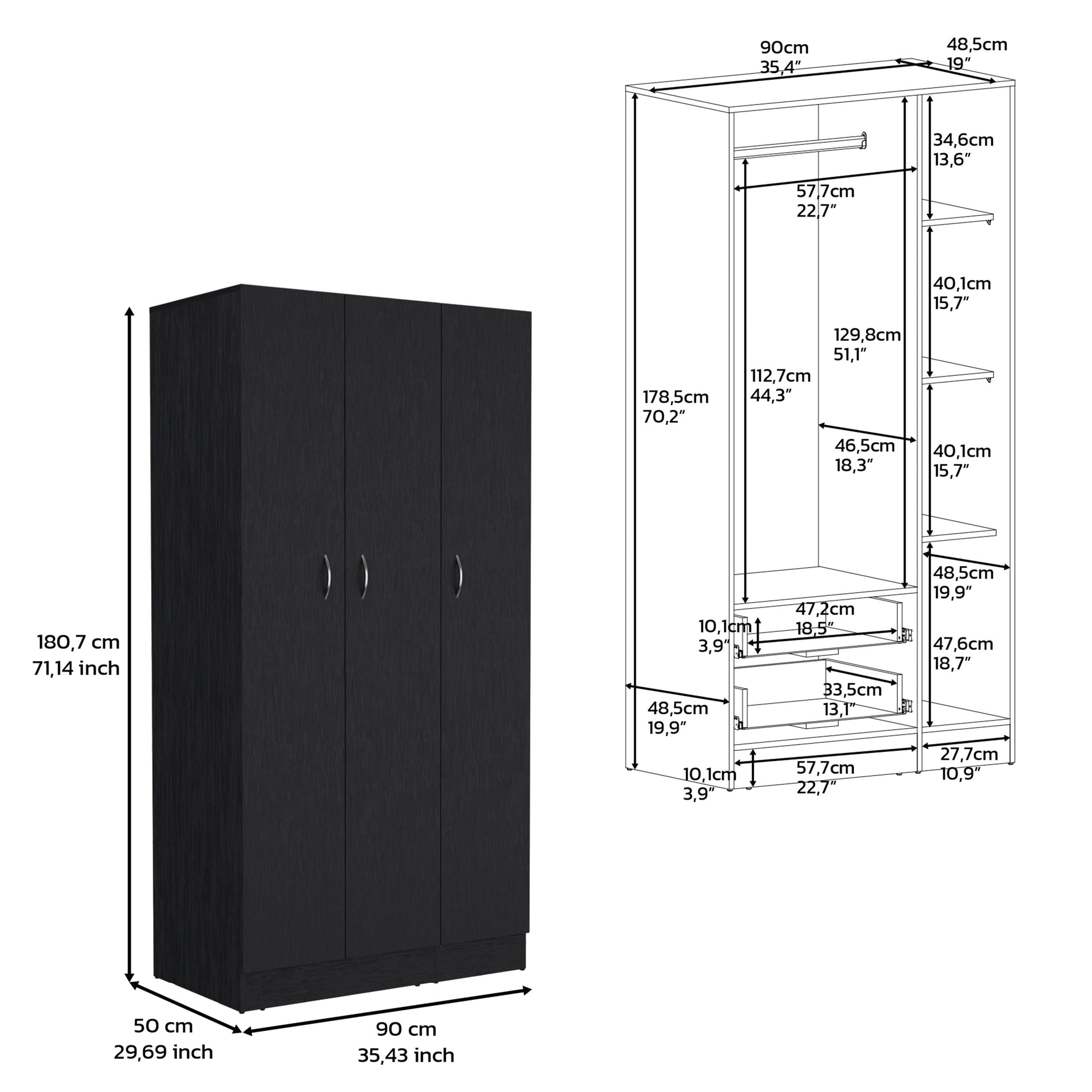 Wardrobe Armoire 71"H With 3 Doors And 2 Inner Drawers, 3 Doors, Black Black Bedroom Modern Pine Particle Board Particle Board