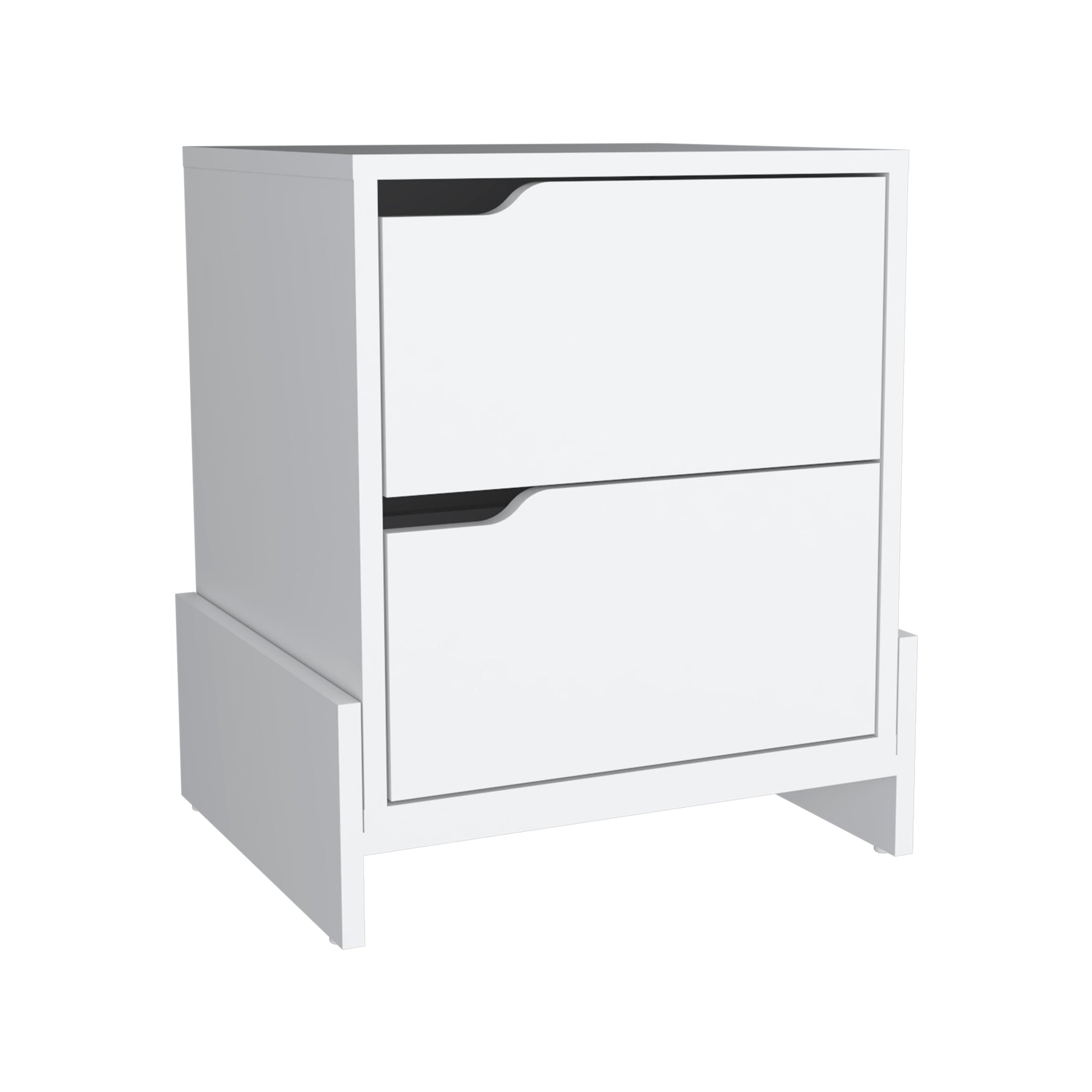 White Modern Easy To Install Bedside Nightstand With 2 Drawers, With Openwork Gola Handles, With Floor Fixing With Two Sturdy Particle Board Legs White Particle Board Particle Board