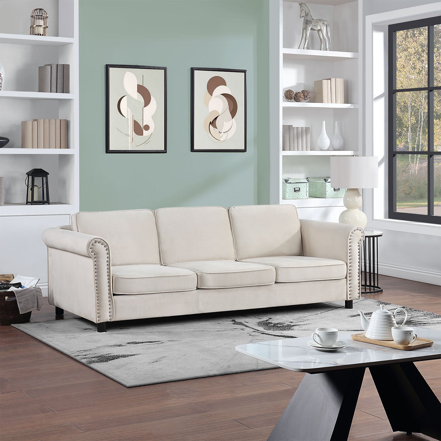 89.37" Mid Century Modern Couch Velvet Sofa Couch 3 Seater Sofa, Beige Beige Fabric