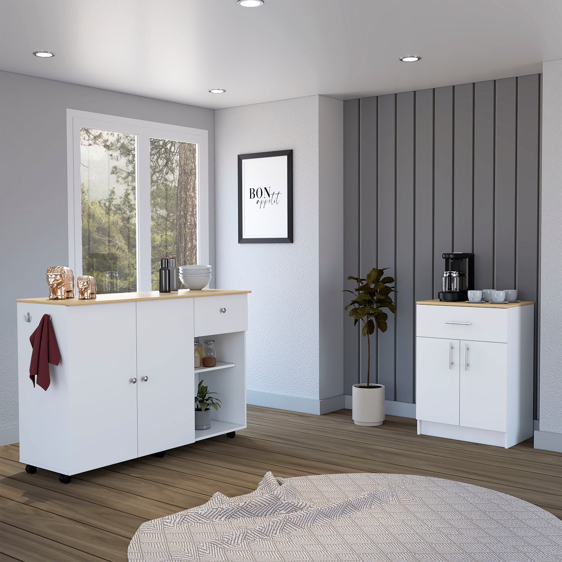 2 Piece Kitchen Set, Kitchen Island Cart Pantry Cabinet, White Light Oak White Particle Board Particle Board