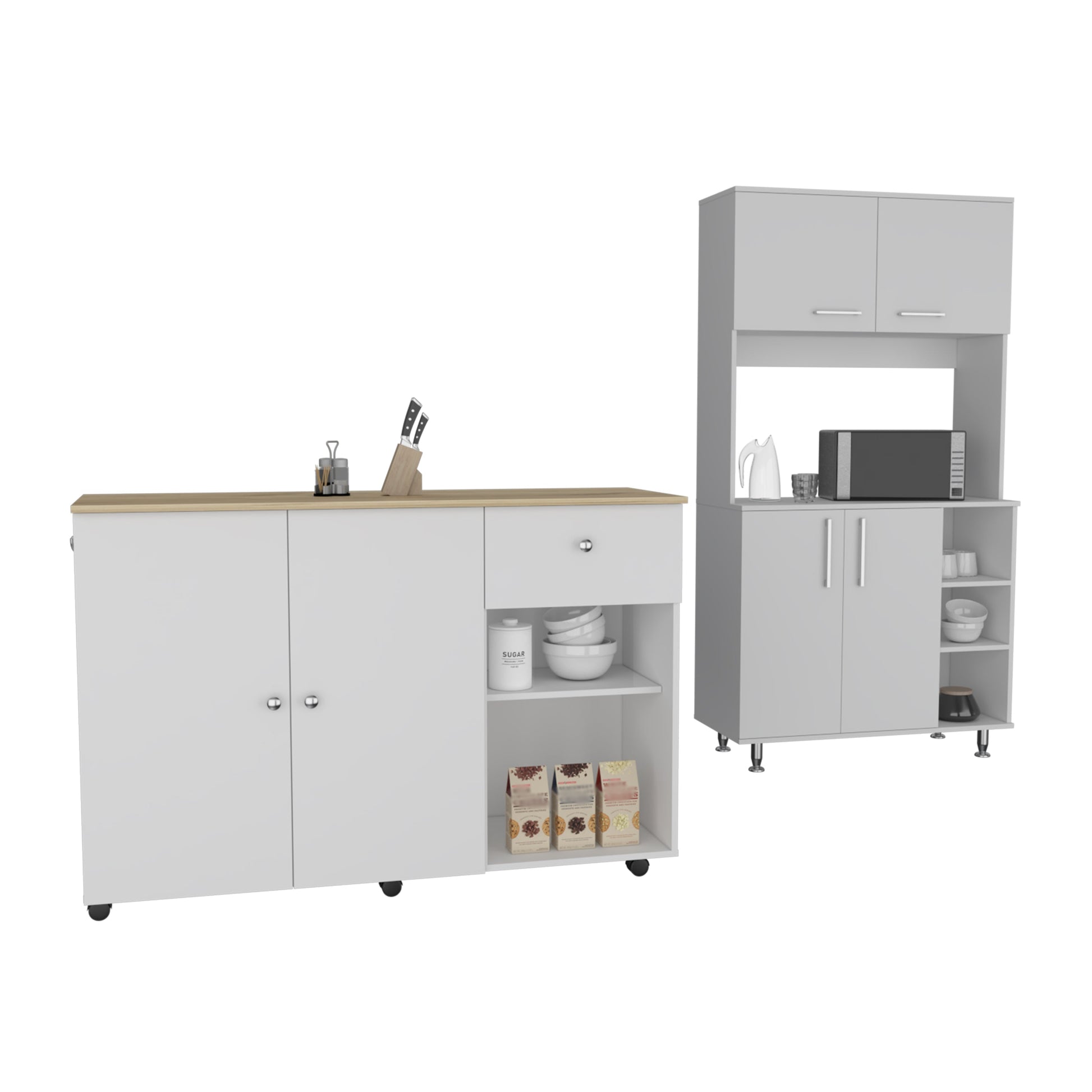 2 Piece Kitchen Set, Kitchen Island Cart Kitchen Pantry Cabinet, White Light Oak White Particle Board Particle Board