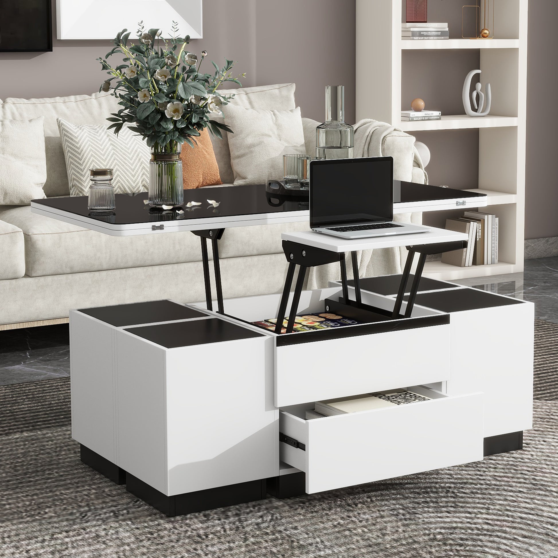 Modern White Lift Top Glass Coffee Table With Drawers & Storage Multifunction Table Black White Mdf Glass