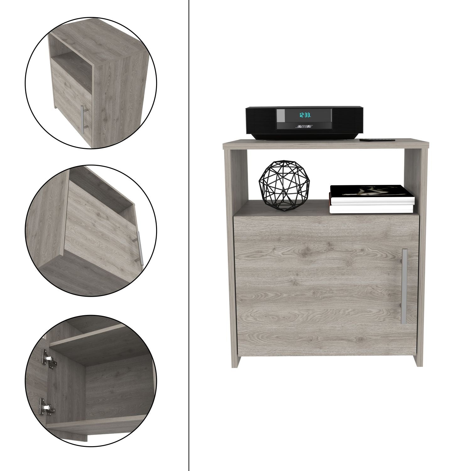 Nightstand, Single Door Cabinet, Metal Handle, One Shelf, Superior Top, Light Gray Gray Particle Board Particle Board