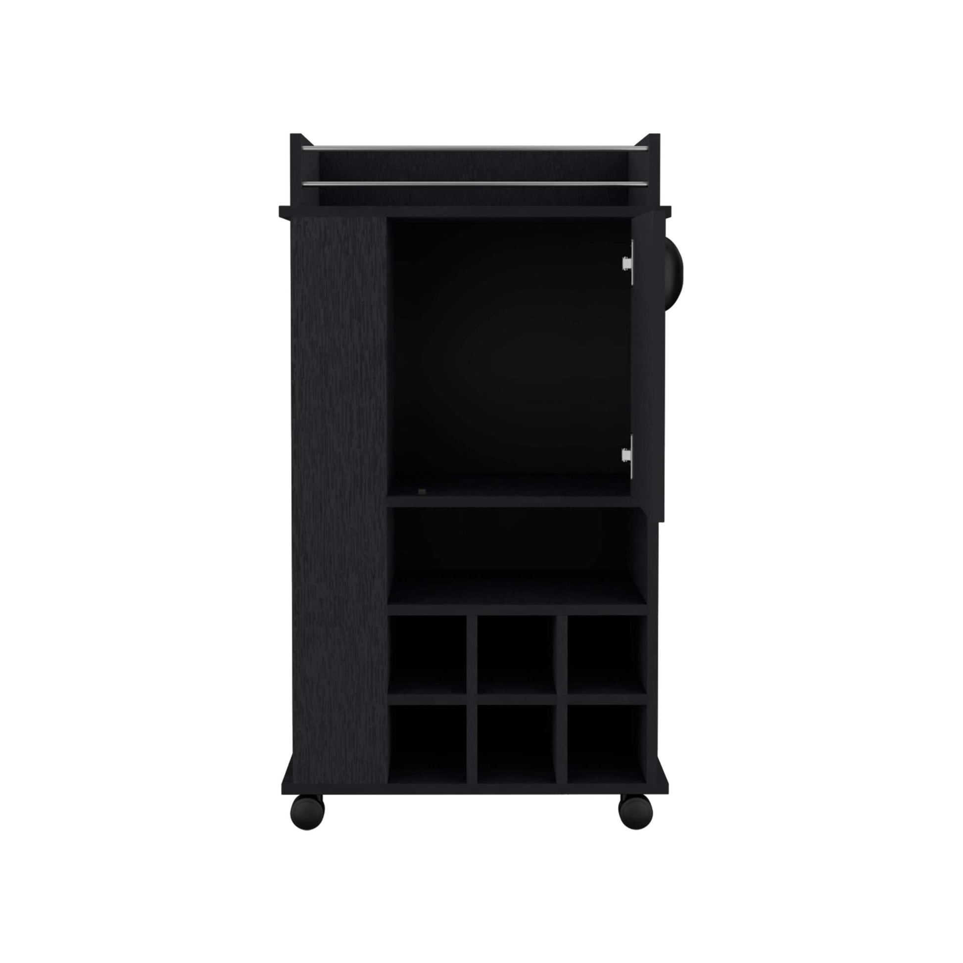 Black 4 Wheel Bar Cart Cabinet For Kitchen Or Living Room, With 6 Built In Bottle Racks, 1 Interior Shelve, 2 Side Shelves, 1 Space With Wood Door To Store Glasses, Cups, Coffee Or Snacks. Black Particle Board Particle Board