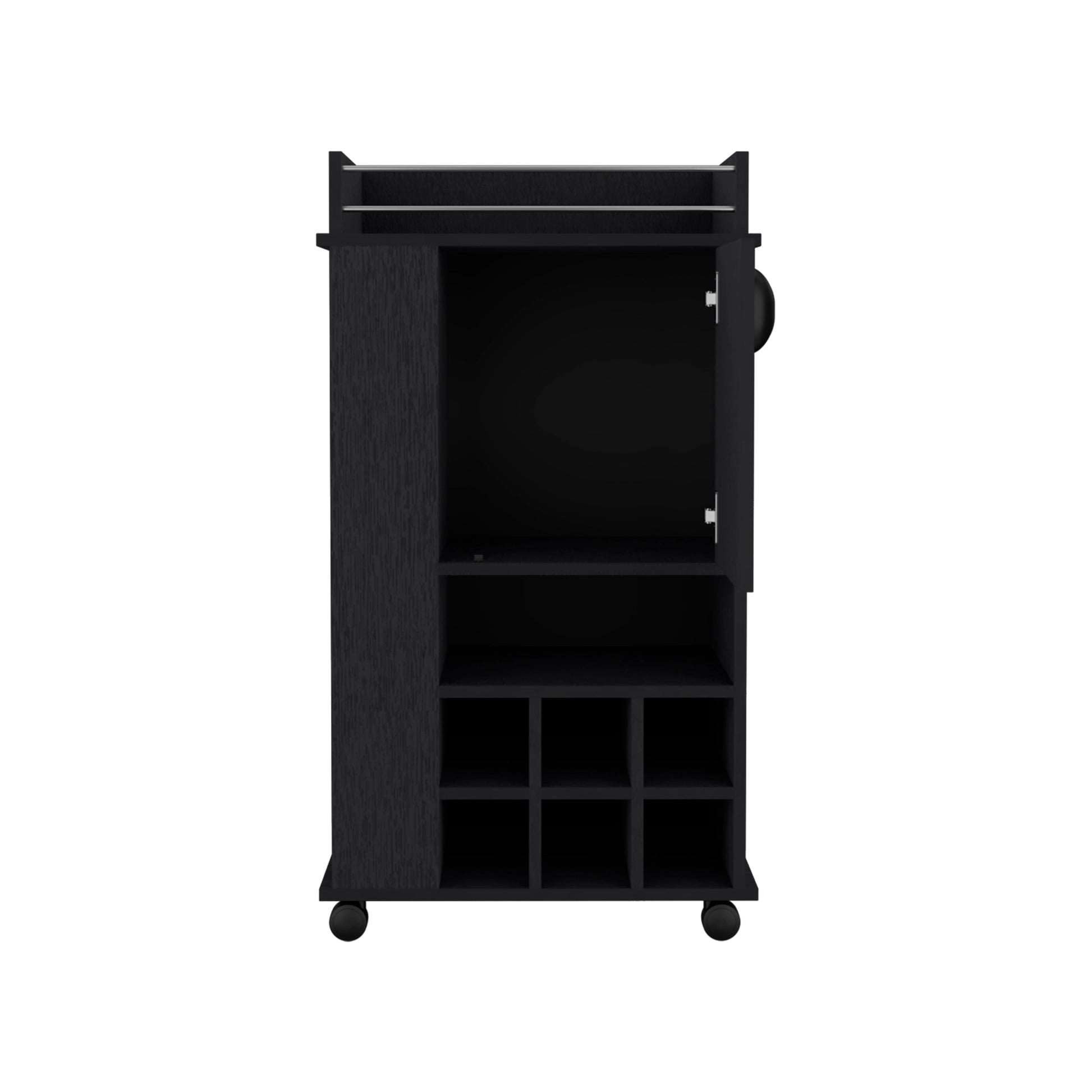 Bar Cart With 6 Built In Wine Rack And Casters, Black Black Particle Board Particle Board