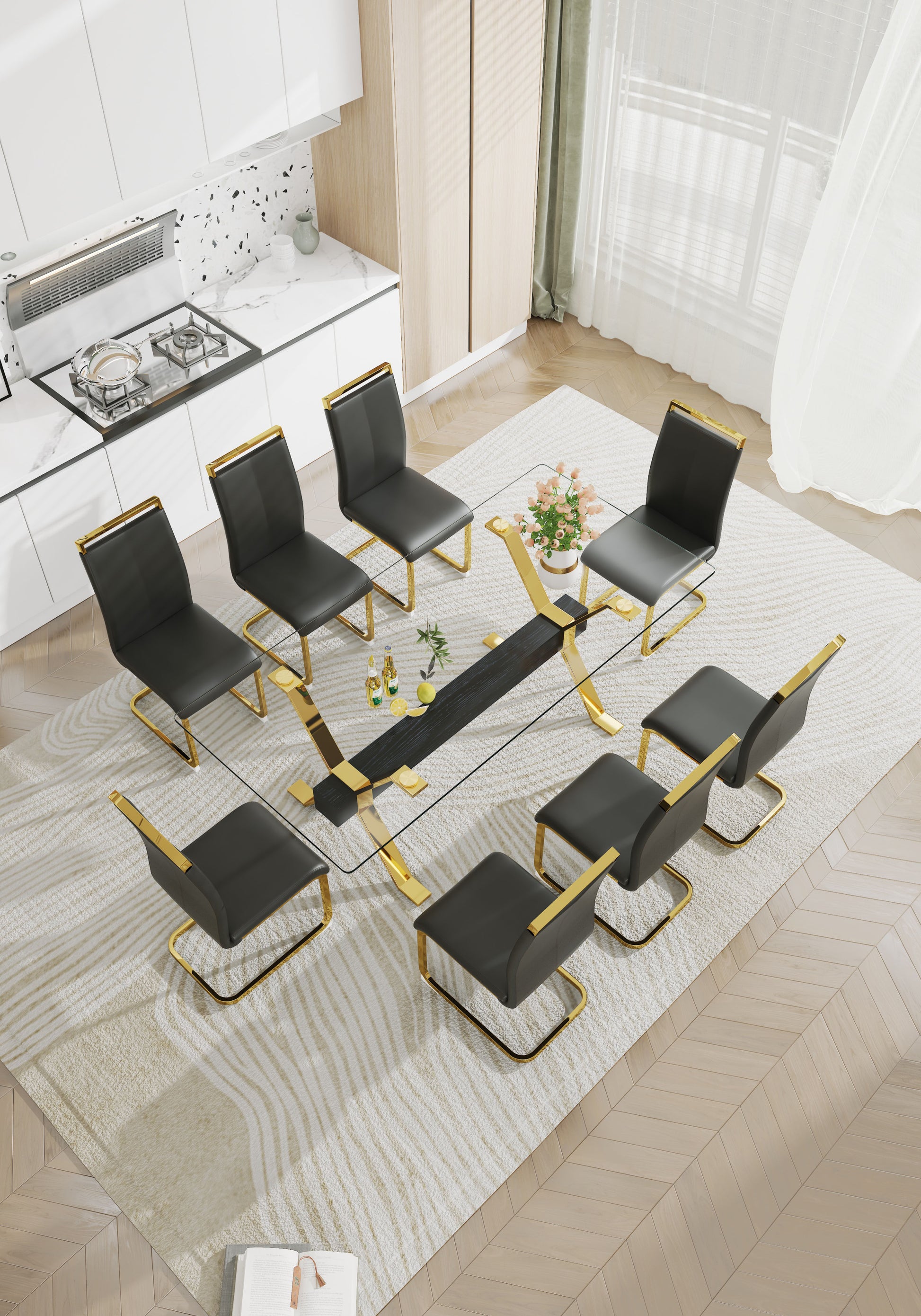 Dining Table. Modern Tempered Glass Dining Table. Large Modern Office Desk With Gold Plated Metal Legs And Mdf Crossbars, Suitable For Both Home And Office Use. Kitchen. 79 ''X39''X30 '' 1105 Transparent Glass