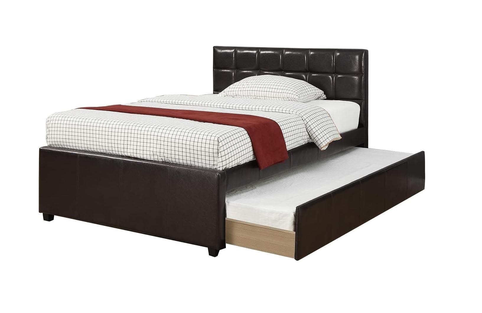 Twin Size Bed w Trundle Slats Espresso Faux Leather