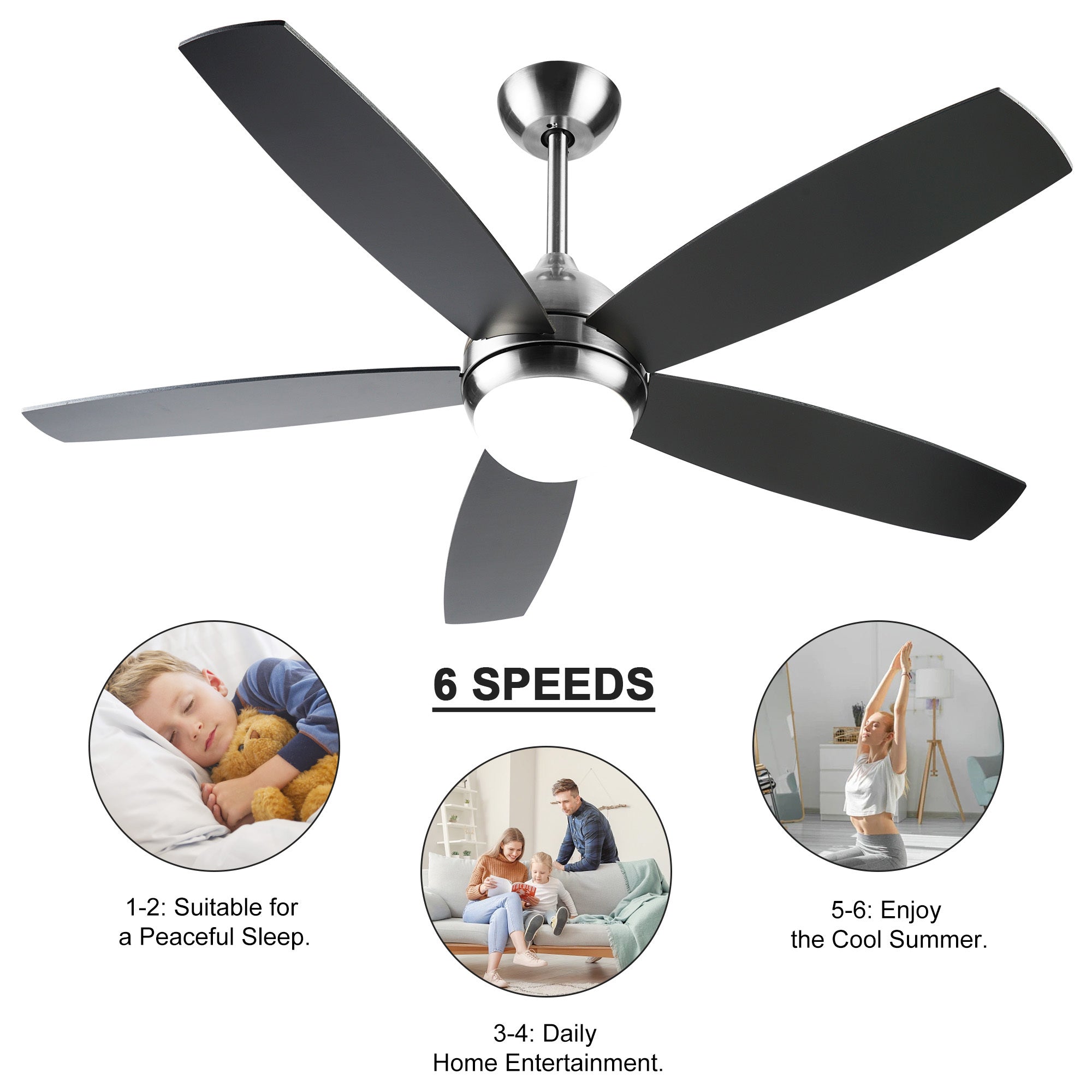 52 Inch Black Ceiling Fan with Lights Remote Control black-abs-metal