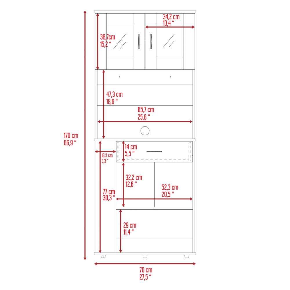 Pantry Cabinet 67" H, Two Doors, One Drawer, Two Open Storage Shelves, Two Internal Shelves, Three Open Side Storage Shelves, White White Particle Board Particle Board