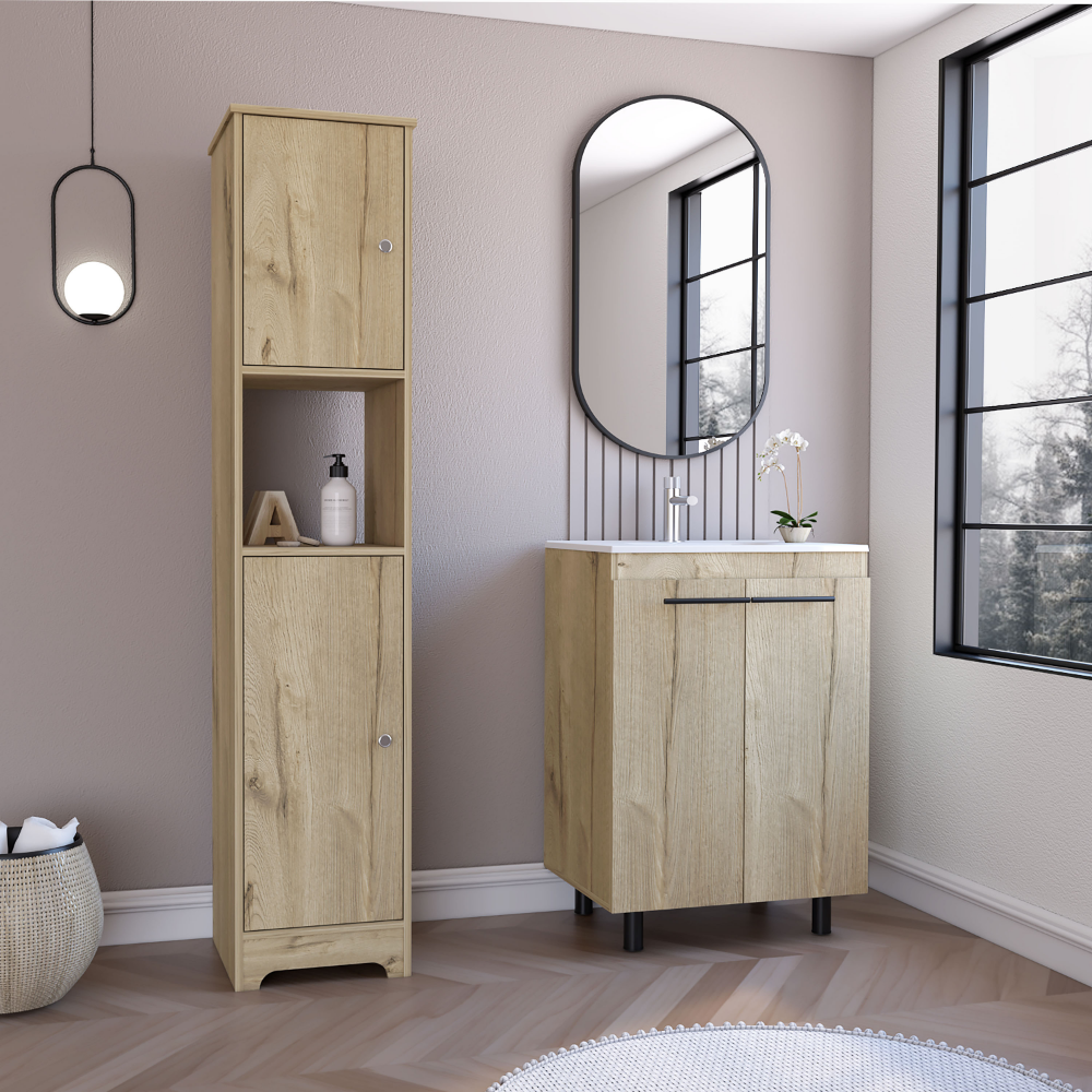 2 Piece Bathroom Set, Yaka Linen Cabinet Dustin Free Standing Sink Cabinetlight Oak Light Oak Particle Board Particle Board