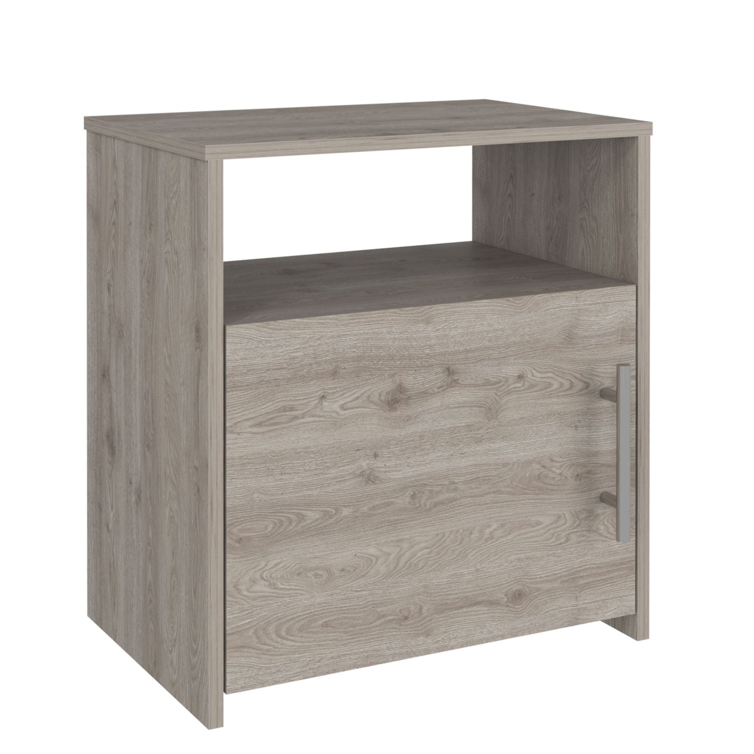 Nightstand, Single Door Cabinet, Metal Handle, One Shelf, Superior Top, Light Gray Gray Particle Board Particle Board