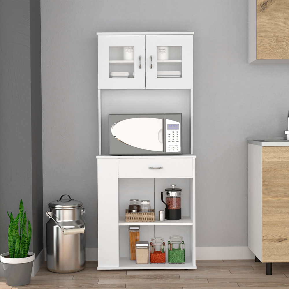 Pantry Cabinet 67" H, Two Doors, One Drawer, Two Open Storage Shelves, Two Internal Shelves, Three Open Side Storage Shelves, White White Particle Board Particle Board