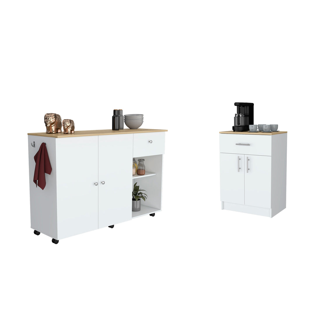 2 Piece Kitchen Set, Kitchen Island Cart Pantry Cabinet, White Light Oak White Particle Board Particle Board