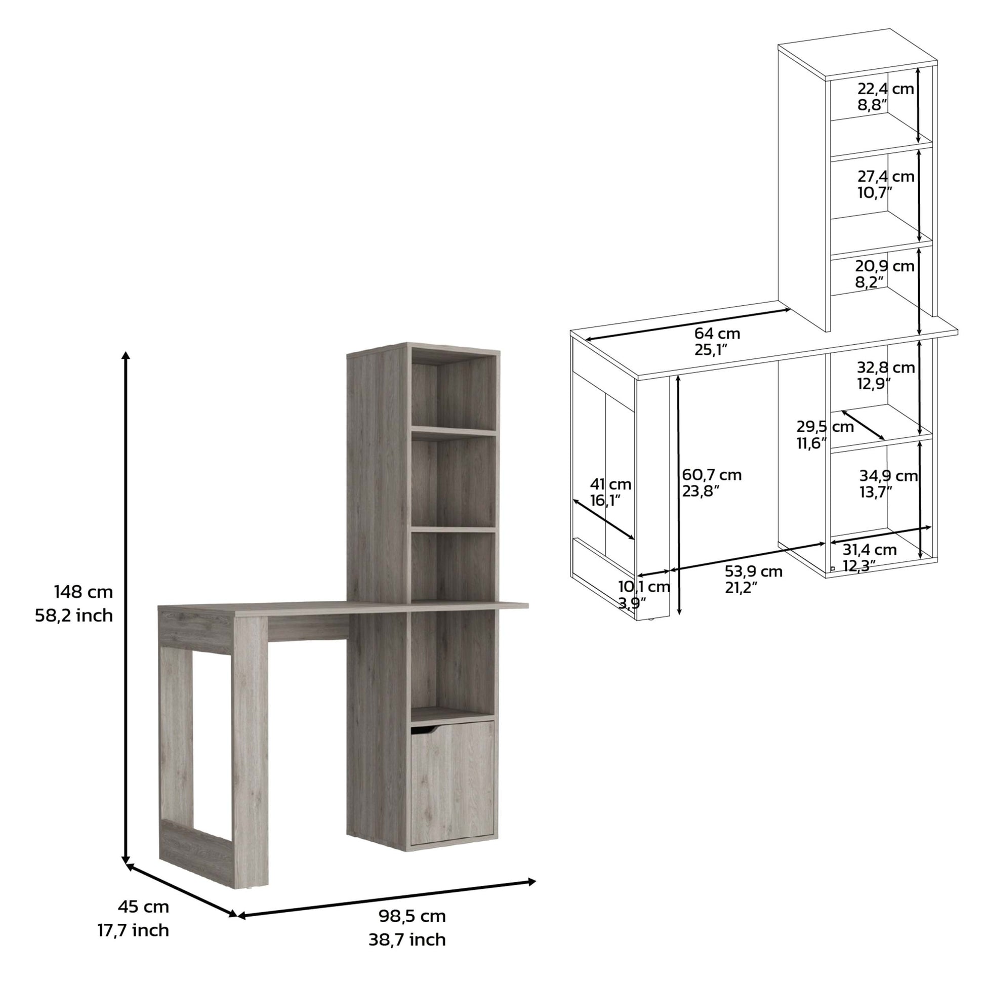 Writing Desk With Bookcase And Cabinet, Light Gray Gray Particle Board Particle Board