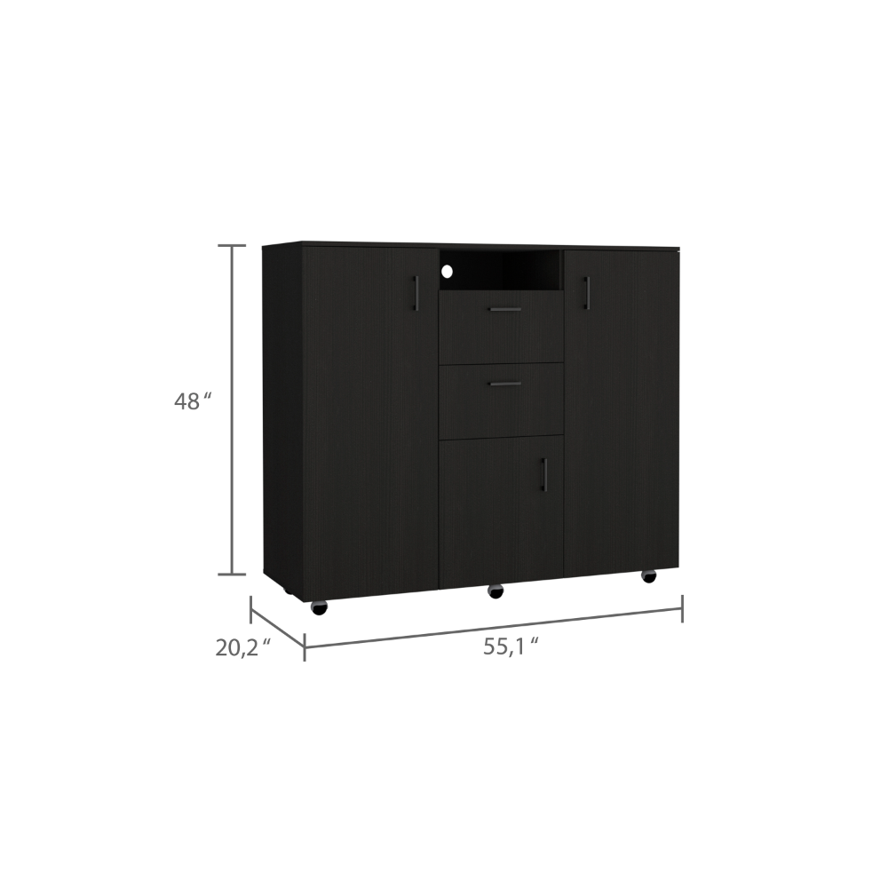 3 Door Cabinet Dresser 48"H, Two Drawers, Four Interior Shelves, Rod, Black Black Particle Board Particle Board