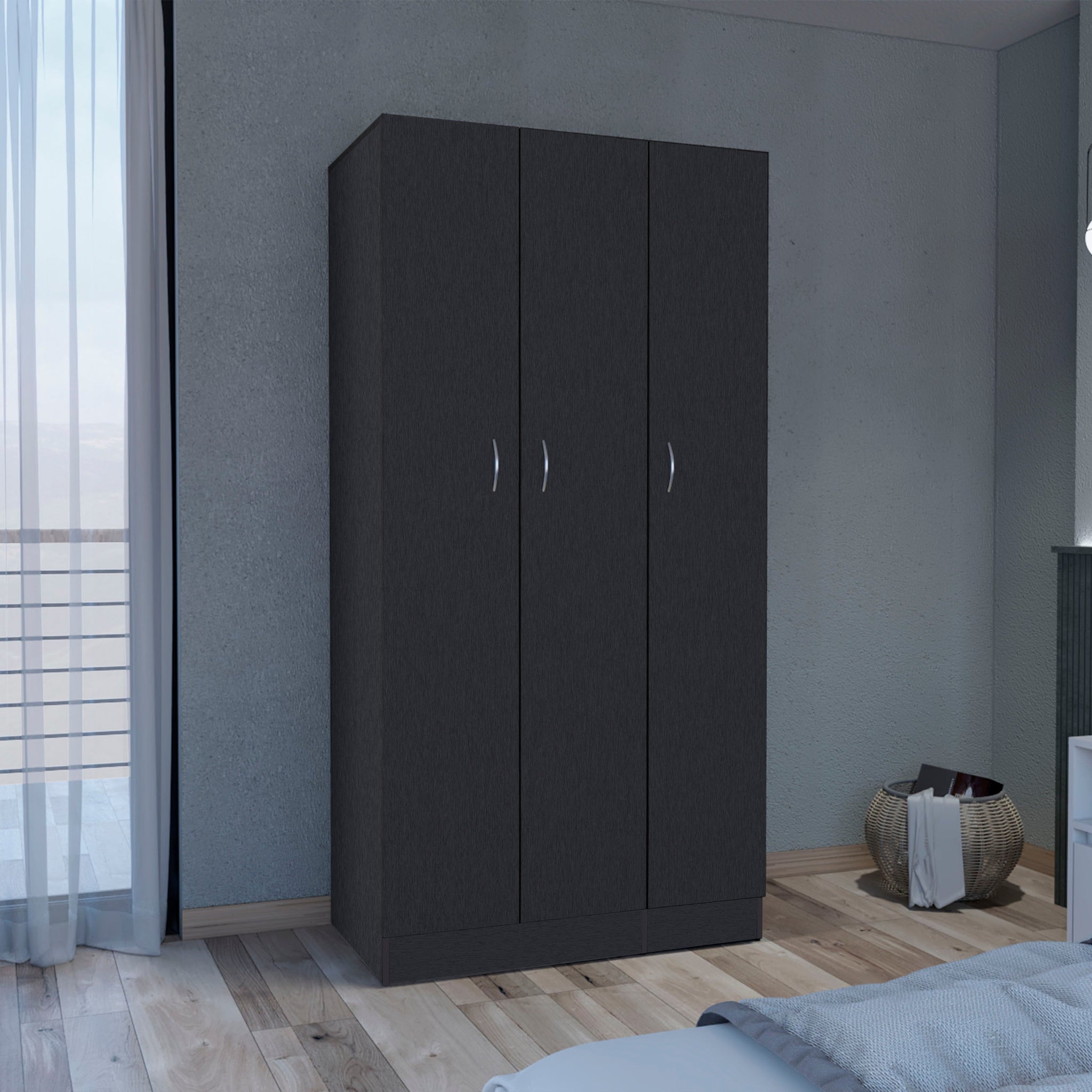 Wardrobe Armoire 71H" With 3 Doors And 2 Inner Drawers, 3 Doors, Black Black Bedroom Modern Pine Particle Board Particle Board