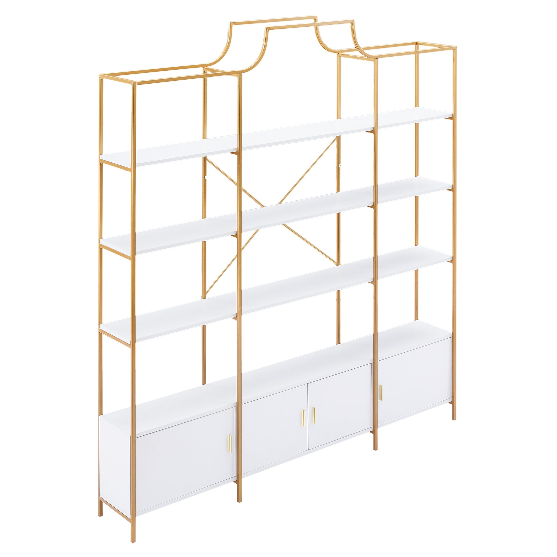 78 Inch 4 Tiers Home Office Bookcase Bookshelf, Storage Cabinet Display Shelf, X Bar Gold Frame Golden White Mdf Steel