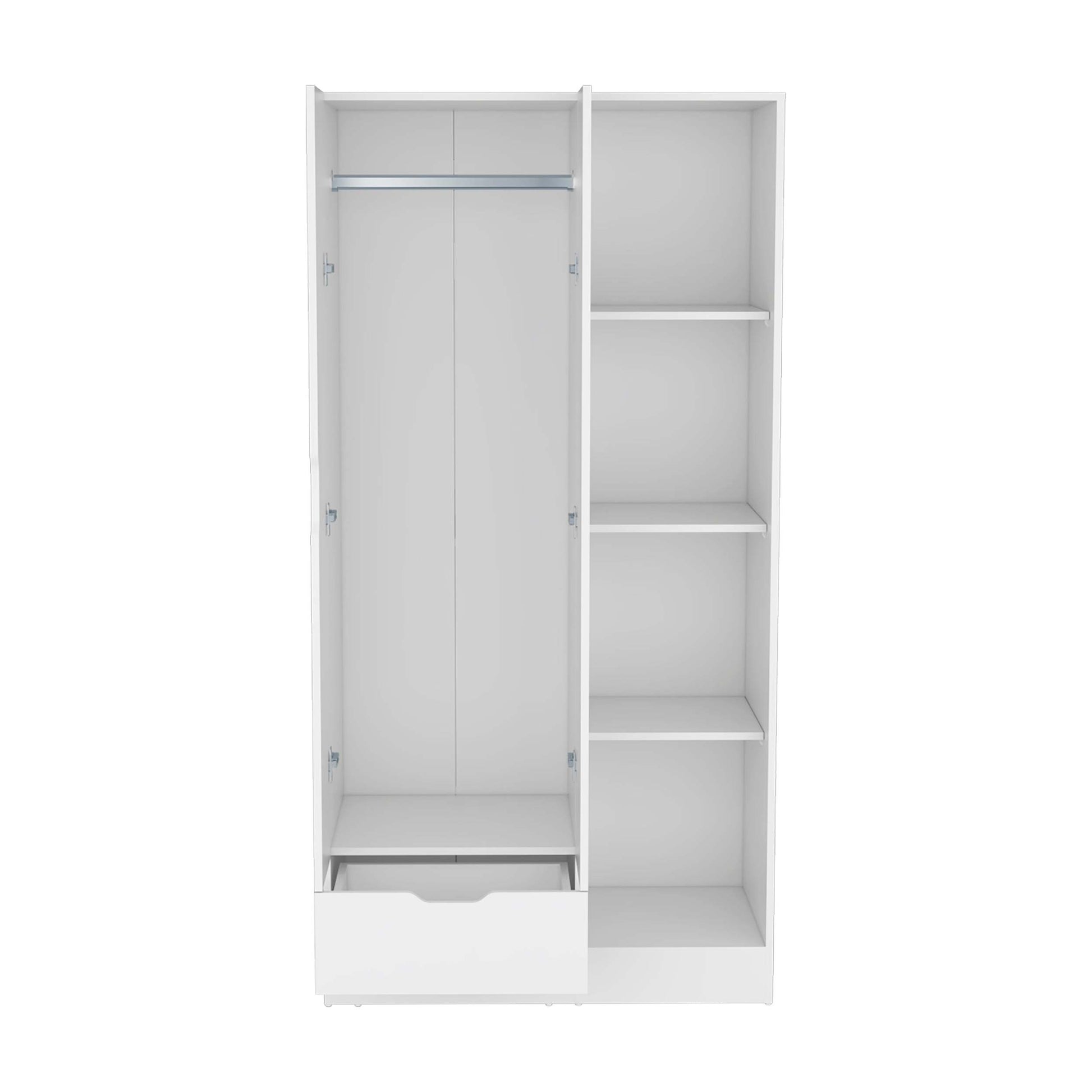 Armoire 71"H With 1 Drawer And 4 Tier Open Shelves, 2 Doors, White White White Pine Particle Board Engineered Wood