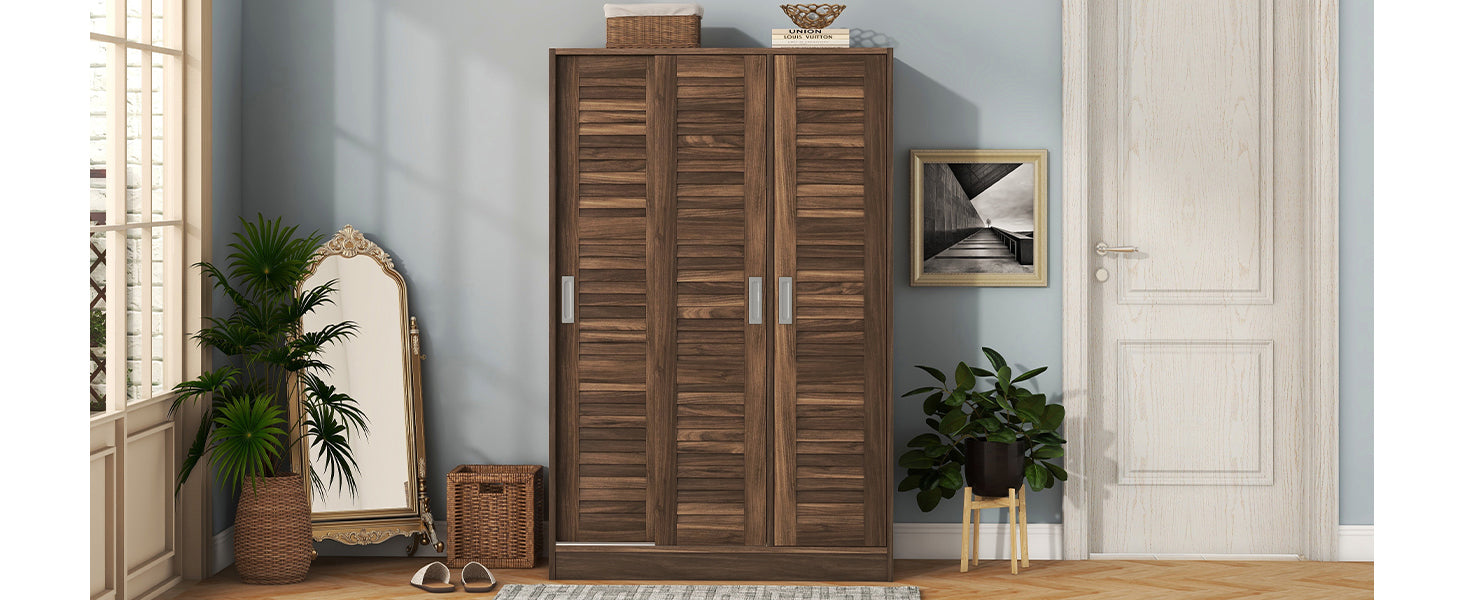 3 Door Shutter Wardrobe With Shelves, Walnut Sliding Walnut Shelf Bedroom Shelf Contemporary 3 Mdf