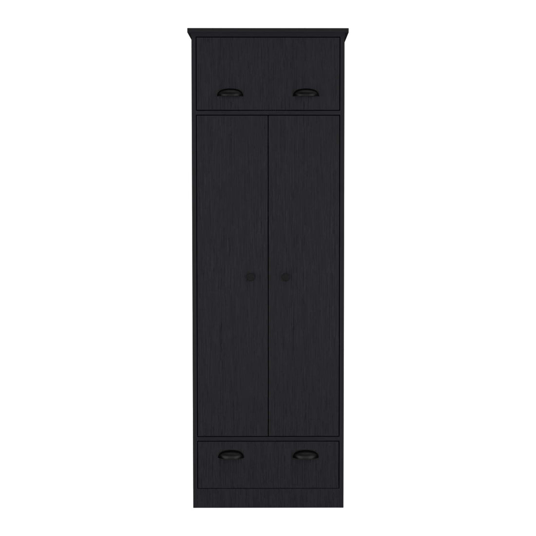 Black Dresser Closet With Upper Storage Covered With 1 Door, This Wardrobe Also Has 2 Central Shelves And 1 Tube For Hanging Clothes Covered By 2 Doors, And 1 Drawer At The Bottom. Black Particle Board Particle Board