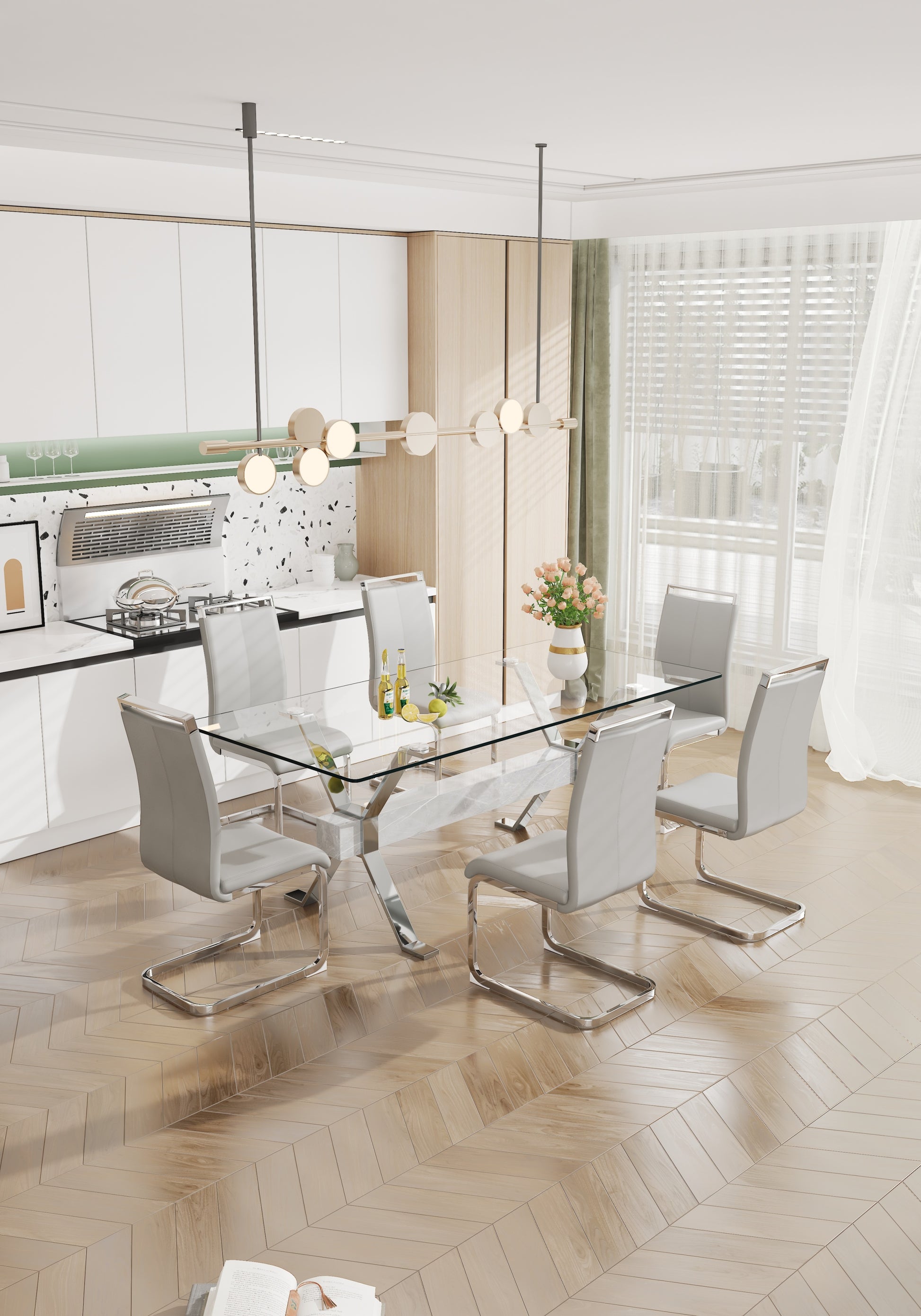 Dining Table. Modern Tempered Glass Dining Table. Large Modern Office Desk With Silver Plated Metal Legs And Mdf Crossbars, Suitable For Both Home And Office Use. Kitchen. 79 ''X39''X30 '' 1105 Transparent Glass