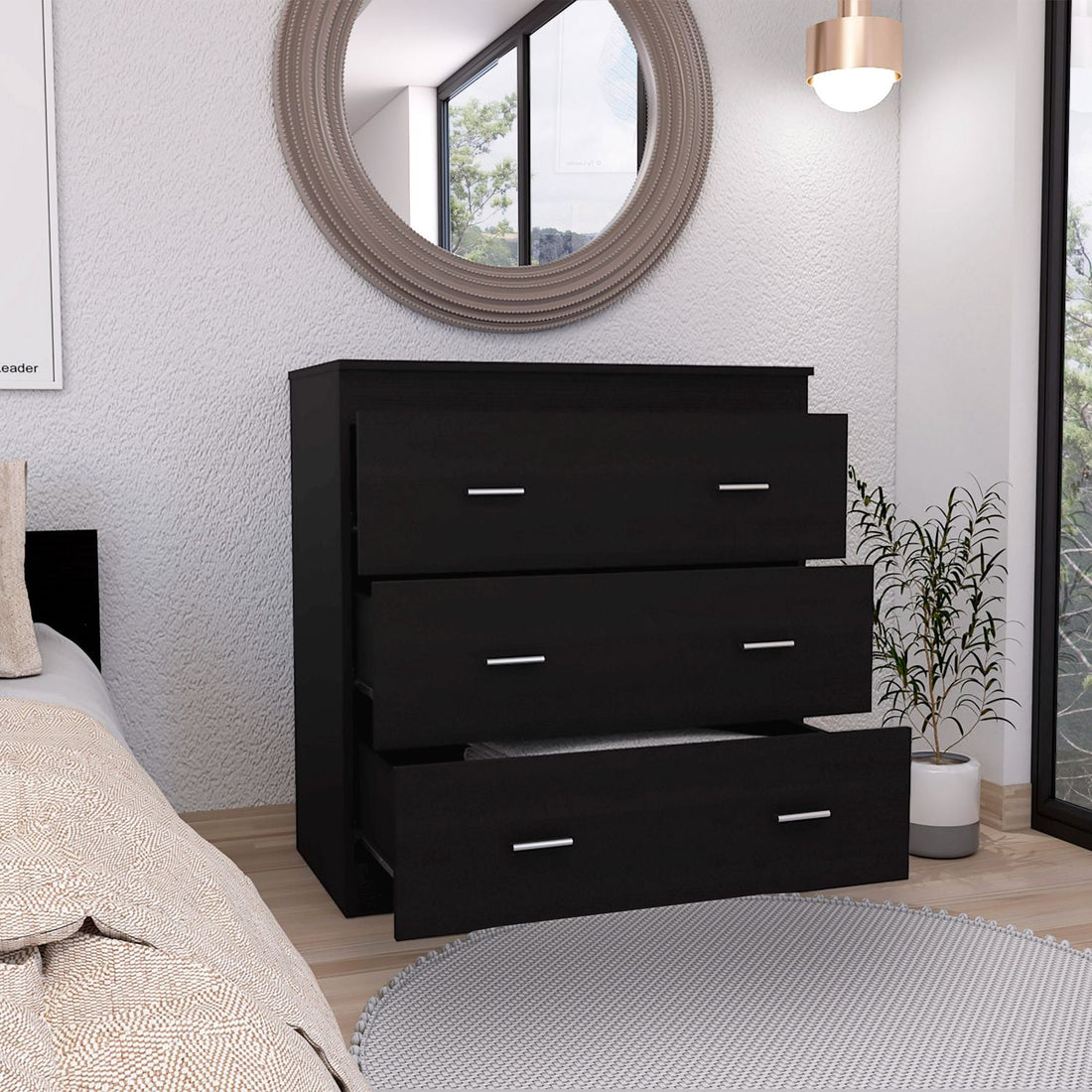 Dresser 33"H, Three Drawer, Superior Top, Metal Handles, Black Black Particle Board Particle Board