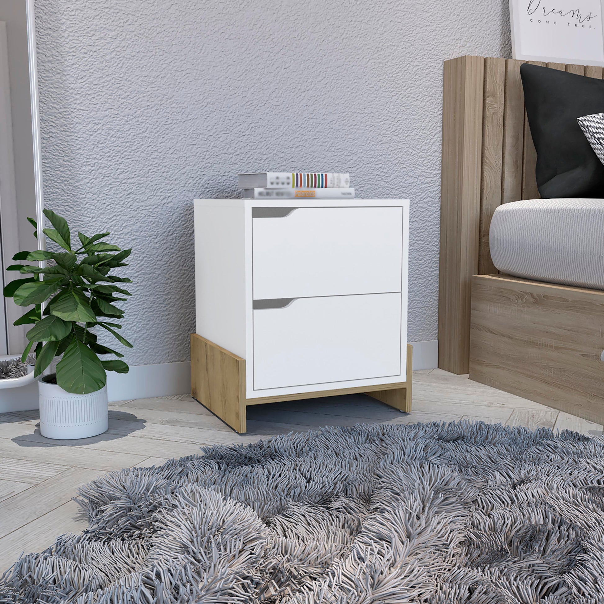 Nightstand With 2 Drawers, End Table With Sturdy Base, White Macadamia Multicolor Particle Board Particle Board