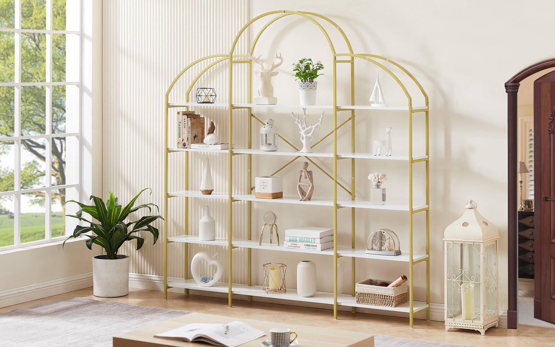 74.8 Inch 5 Tiers Office Bookcase Bookshelf, Display Shelf With Round Top, X Bar Gold Frame Golden White Mdf Steel