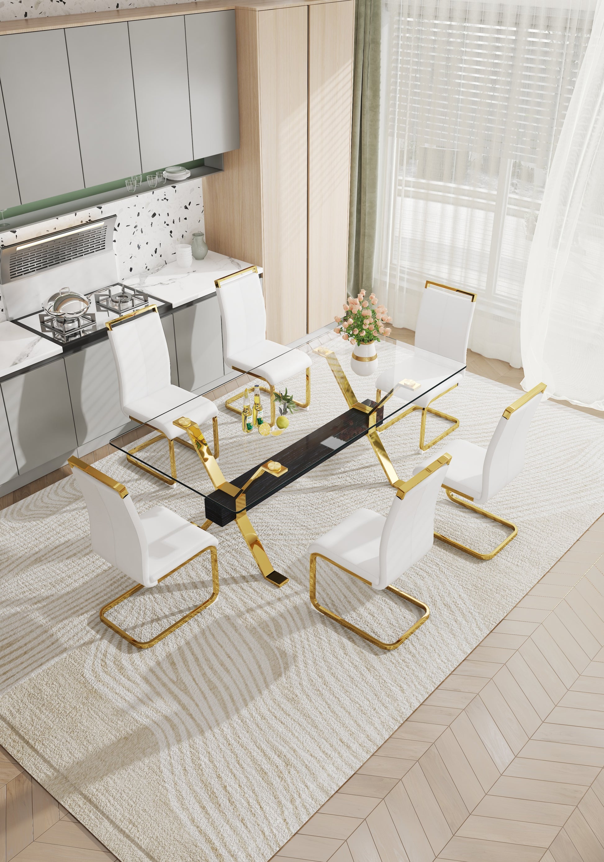 Dining Table. Modern Tempered Glass Dining Table. Large Modern Office Desk With Gold Plated Metal Legs And Mdf Crossbars, Suitable For Both Home And Office Use. Kitchen. 79 ''X39''X30 '' 1105 Transparent Glass