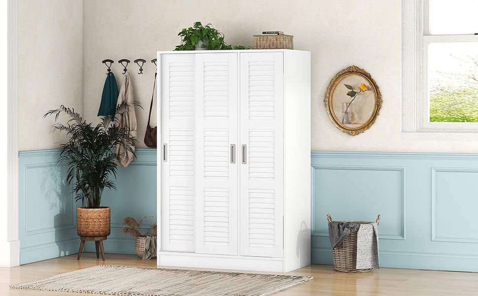 3 Door Shutter Wardrobe With Shelves, White Sliding White White Shelf Bedroom Shelf Contemporary 3 Mdf
