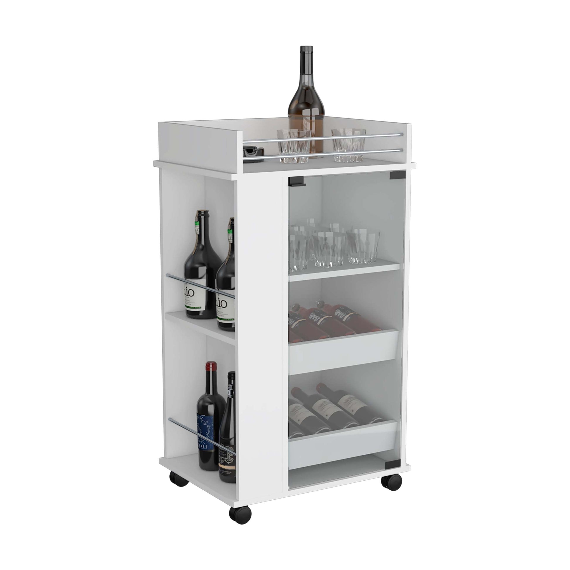 Bar Cart With Glass Door, 2 Side Shelves And Casters, White White Particle Board Particle Board