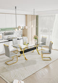 Dining Table. Modern Tempered Glass Dining Table. Large Modern Office Desk With Gold Plated Metal Legs And Mdf Crossbars, Suitable For Both Home And Office Use. Kitchen. 79 ''X39''X30 '' 1105 Transparent Glass