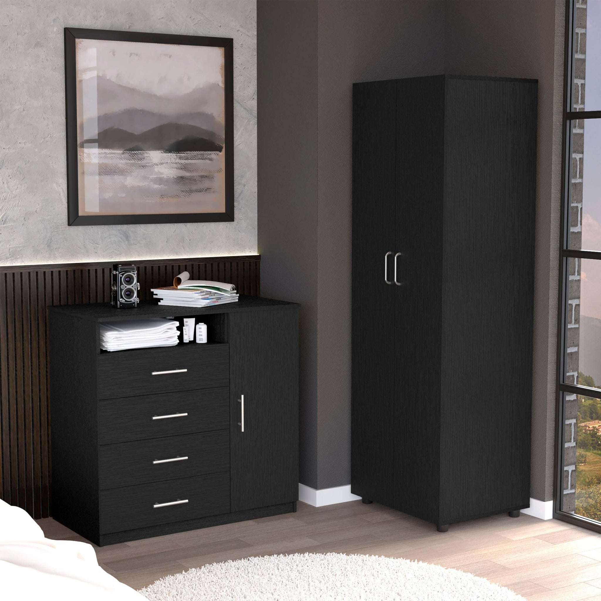 2 Piece Bedroom Set, London Armoire Rioja 4 Drawer Dresser, Black Full Black 2 Piece Set Particle Board Particle Board