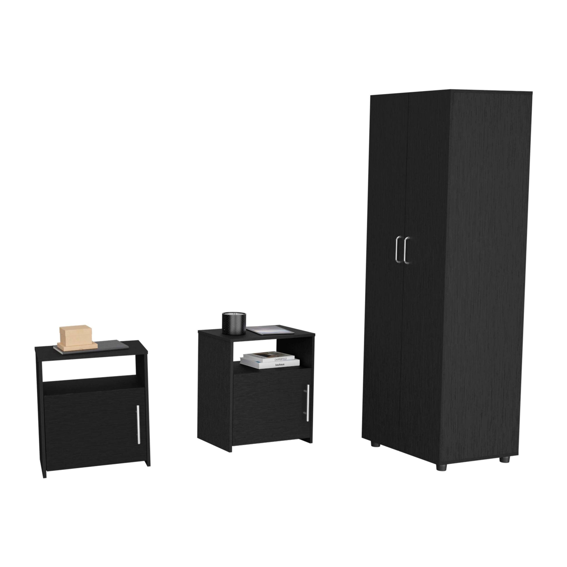 3 Piece Bedroom Set, London Armoire 2 Omaha Nightstands, Black Full Black 3 Piece Set Particle Board Particle Board