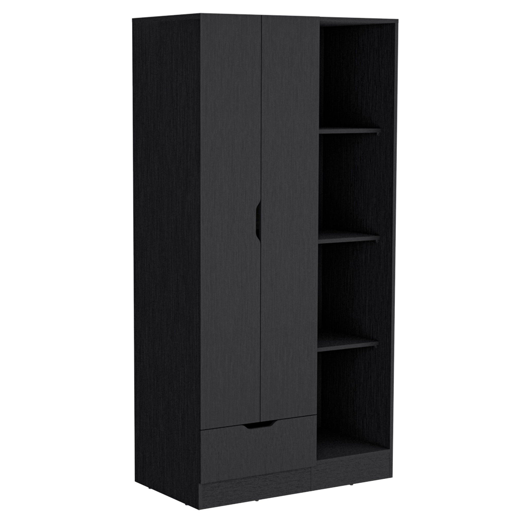 Armoire 71H" With 1 Drawer And 4 Tier Open Shelves, 2 Doors, Black Black Bedroom Modern Pine Particle Board Particle Board