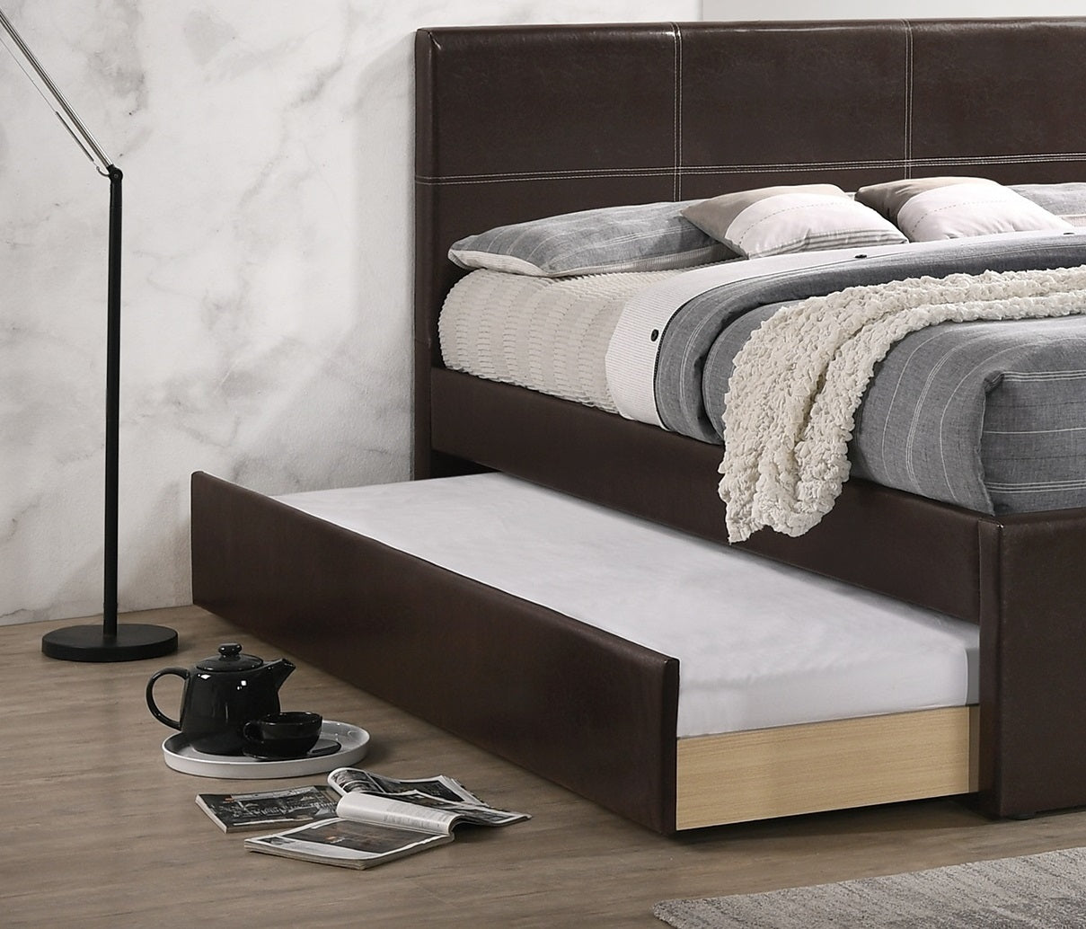 Full Size Bed w Trundle Slats Espresso Faux Leather