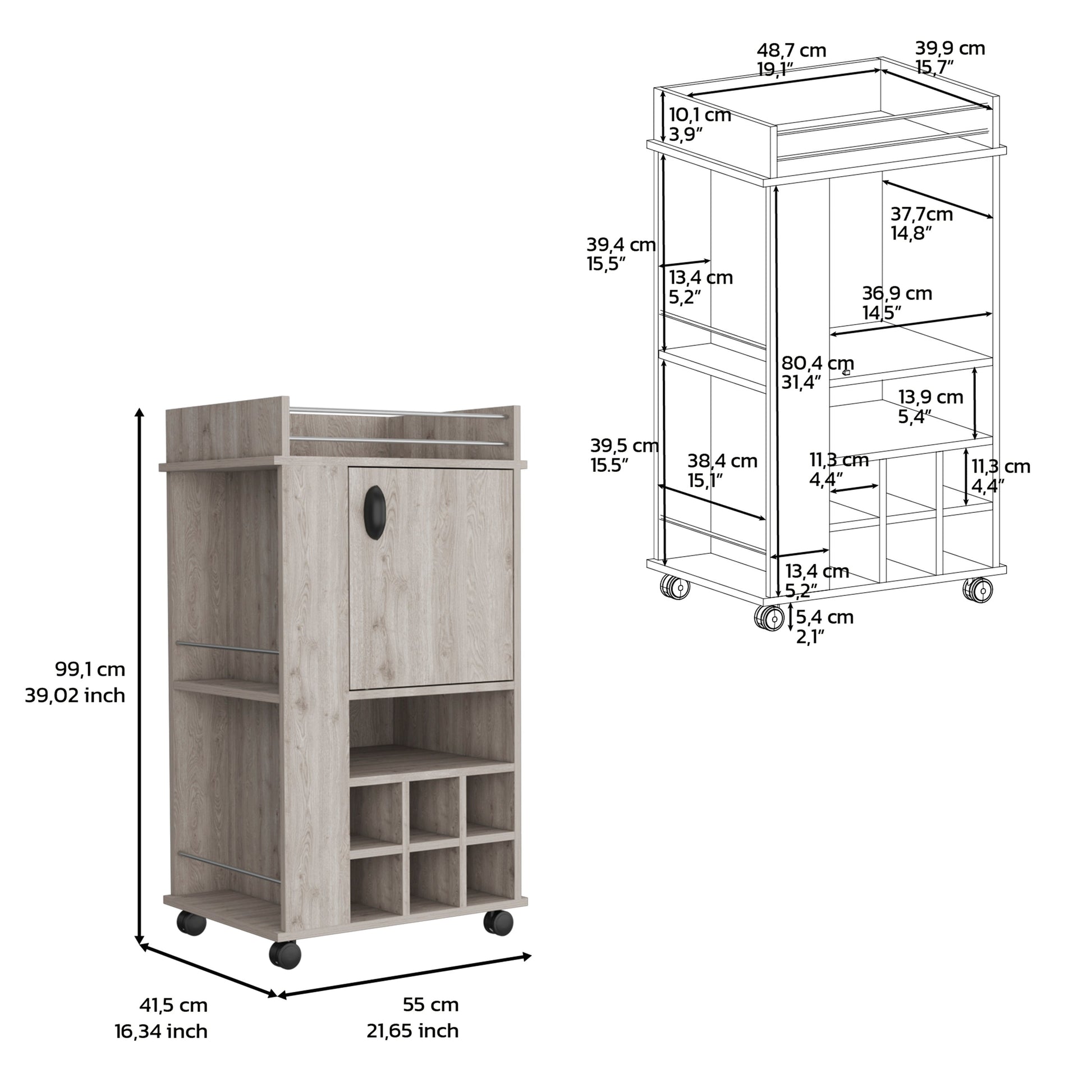 Light Gray 4 Wheel Bar Cart Cabinet For Kitchen Or Living Room, With 6 Built In Bottle Racks, 1 Interior Shelve, 2 Side Shelves, 1 Space With Wood Door To Store Glasses, Cups, Coffee Or Snacks. Gray Particle Board Particle Board