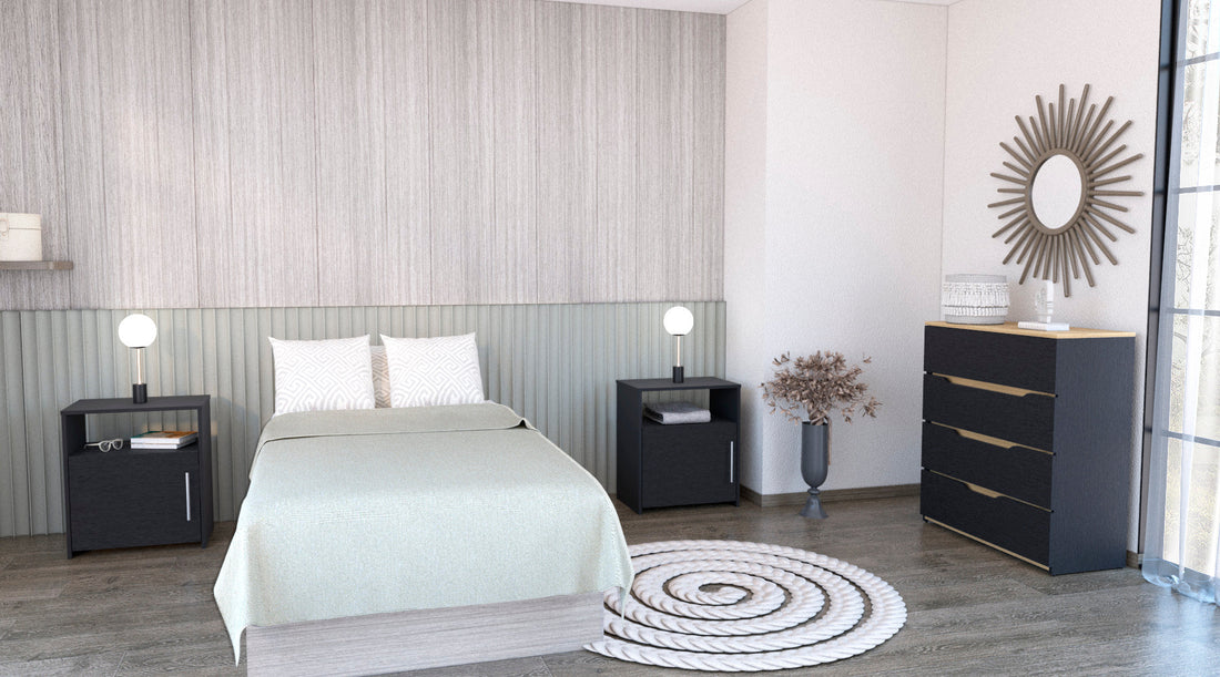 3 Piece Bedroom Set, Aralia Drawer Dresser, 2 Omaha Nightstands, Black Light Oak Black Particle Board Particle Board