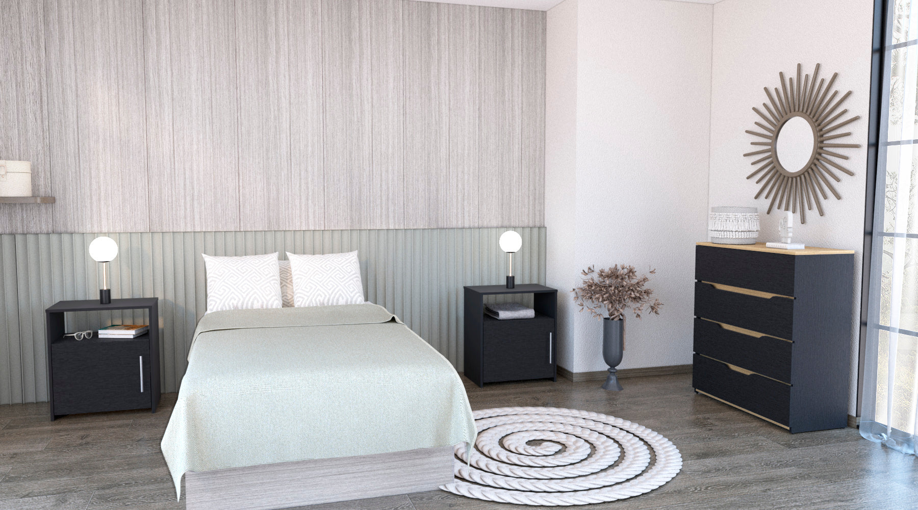 3 Piece Bedroom Set, Aralia Drawer Dresser, 2 Omaha Nightstands, Black Light Oak Black Particle Board Particle Board