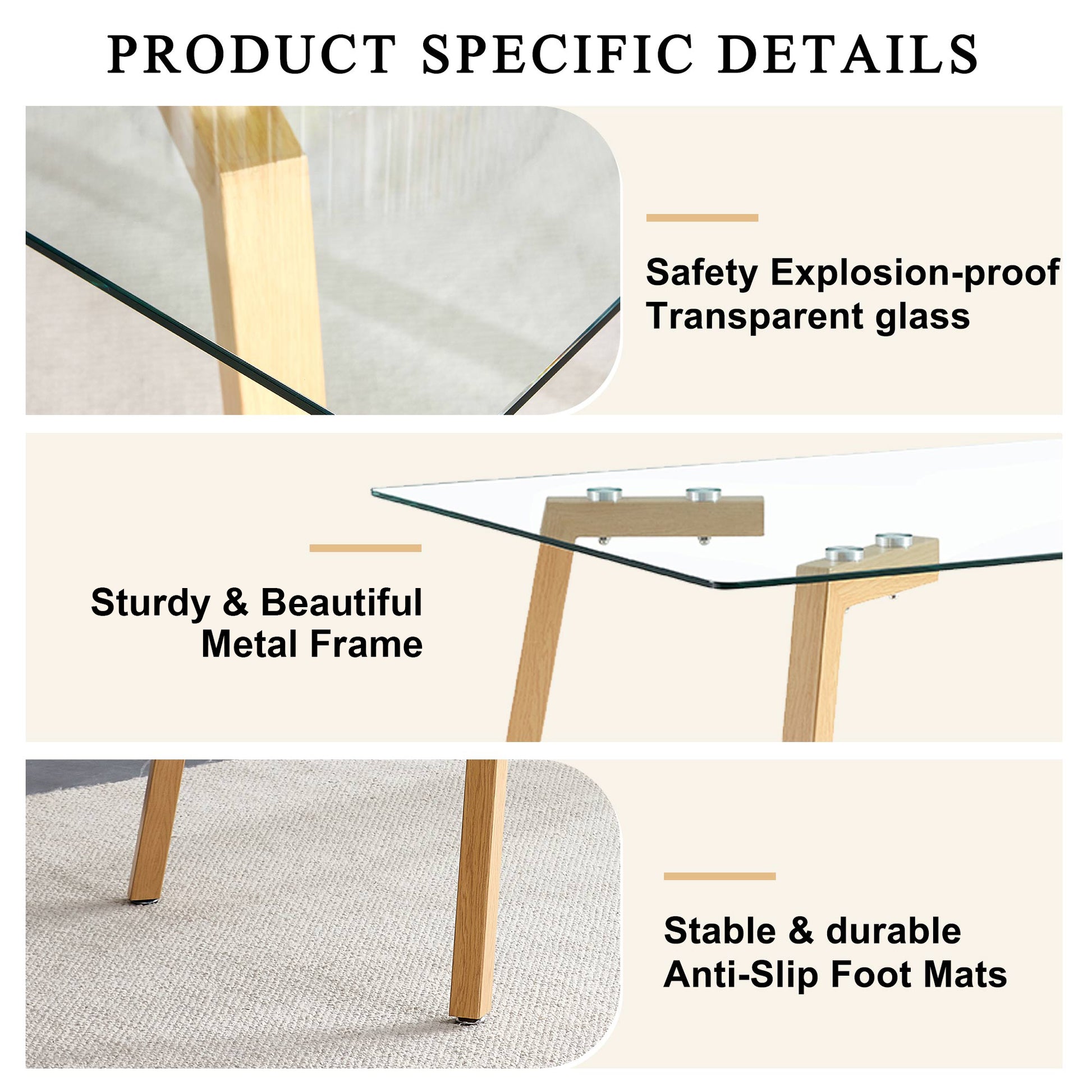 Glass Dining Table Modern Minimalist Rectangle, 4 6, 0.31 "Tempered Glass Tabletop With Wooden Coated Metal Legs, Writing Desk, Suitable For Kitchens, Restaurants, And Living Rooms, 51" W X 31"D X 30" Transparent Glass