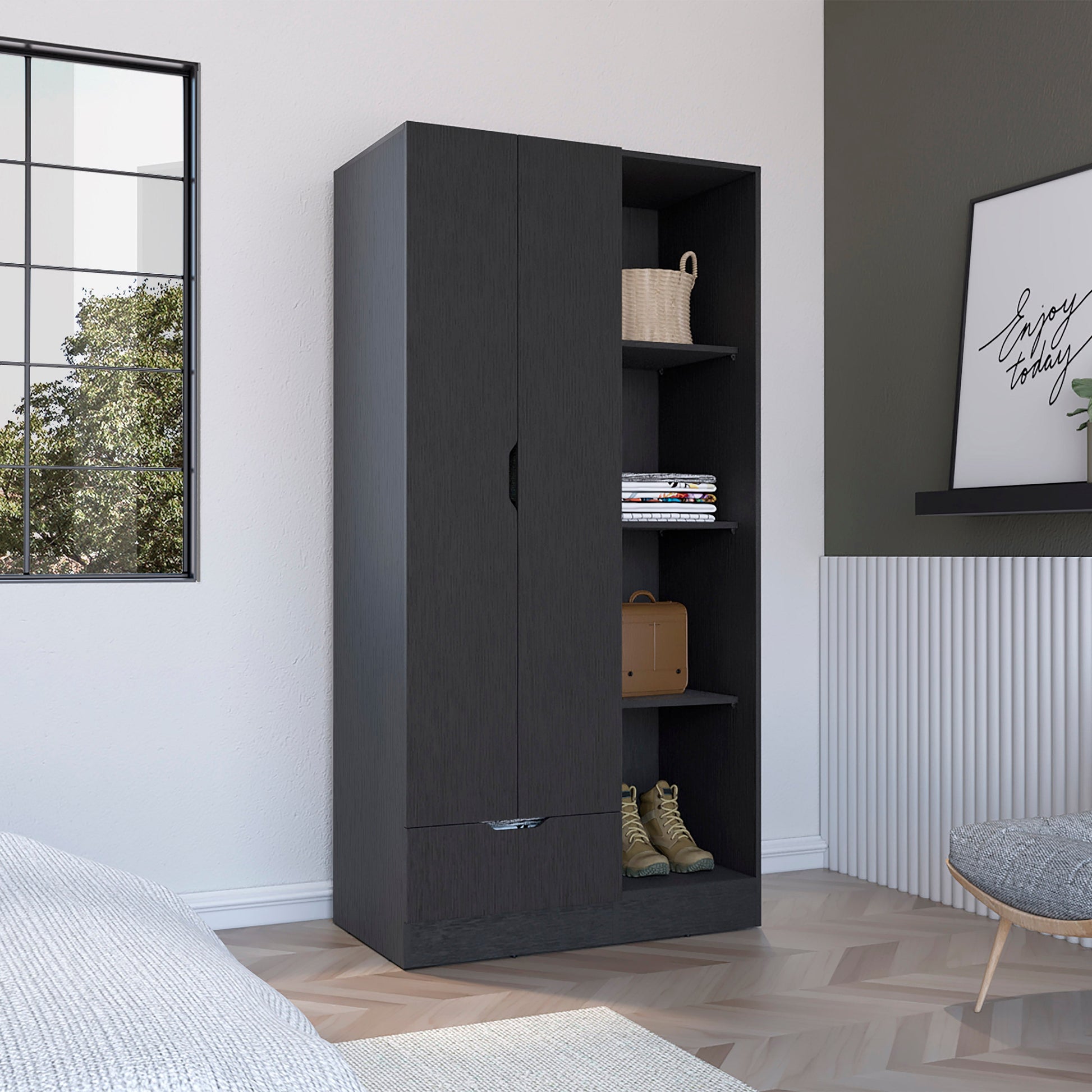 Armoire 71H" With 1 Drawer And 4 Tier Open Shelves, 2 Doors, Black Black Bedroom Modern Pine Particle Board Particle Board