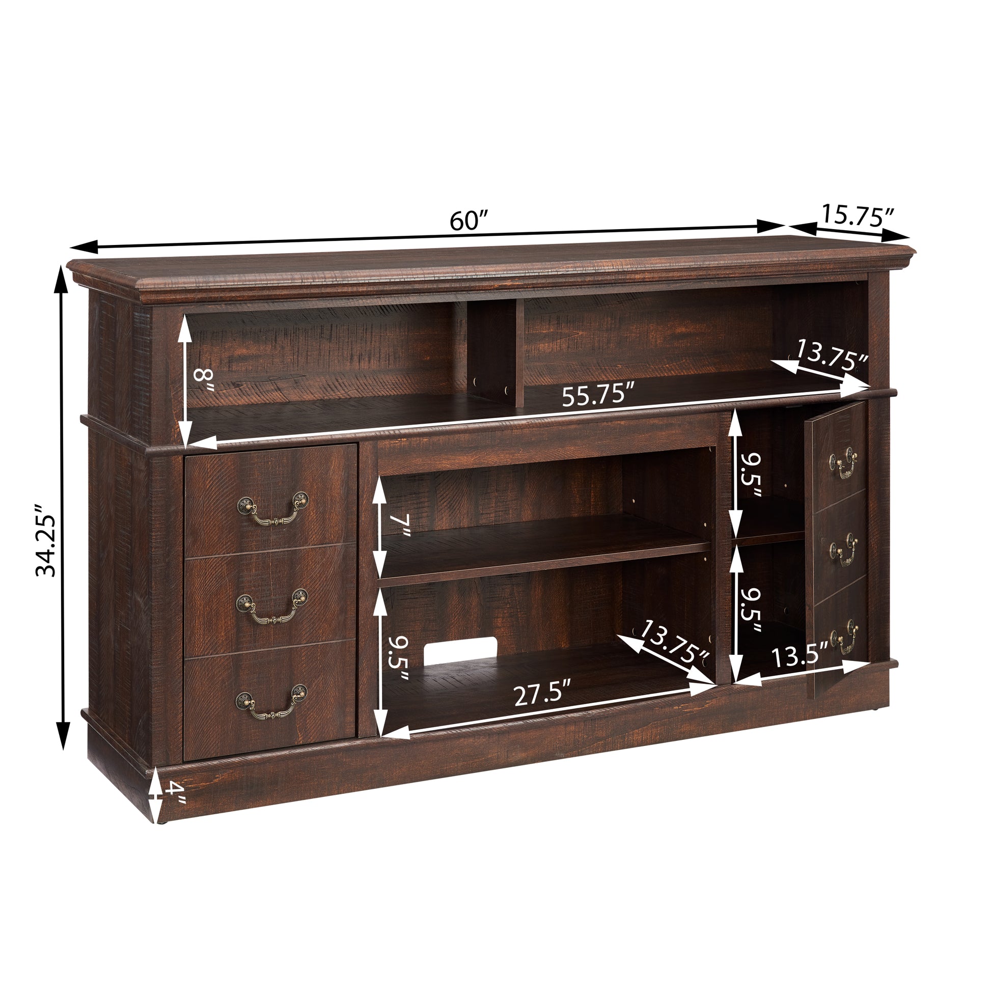 Traditional Tv Media Stand Farmhouse Rustic Entertainment Console For Tv Up To 65" With Open And Closed Storage Space, Espresso, 60"W*15.75"D*34.25"H Espresso Primary Living Space 60 69 Inches 60 69 Inches Farmhouse 65 Inches Mdf