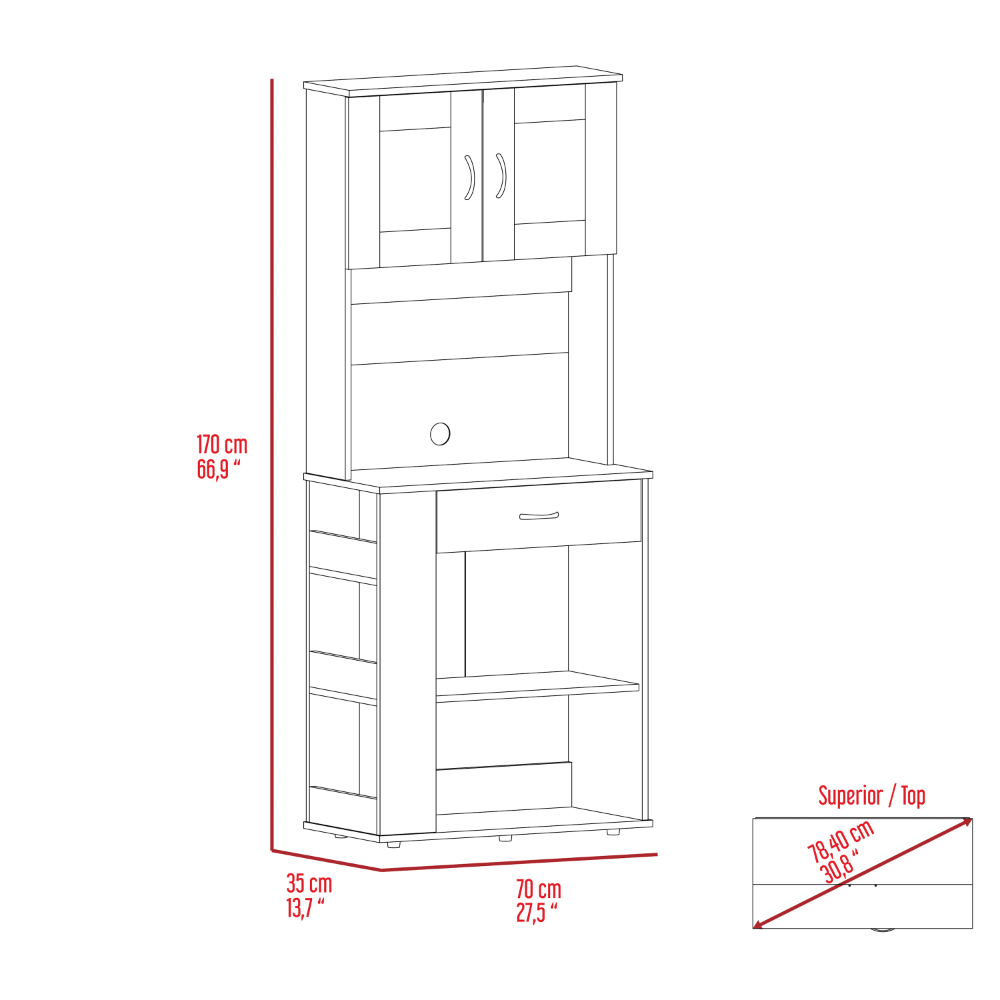 Pantry Cabinet 67" H, Two Doors, One Drawer, Two Open Storage Shelves, Two Internal Shelves, Three Open Side Storage Shelves, White White Particle Board Particle Board