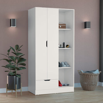 Armoire 71H" With 1 Drawer And 4 Tier Open Shelves, 2 Doors, White White White Pine Particle Board Engineered Wood