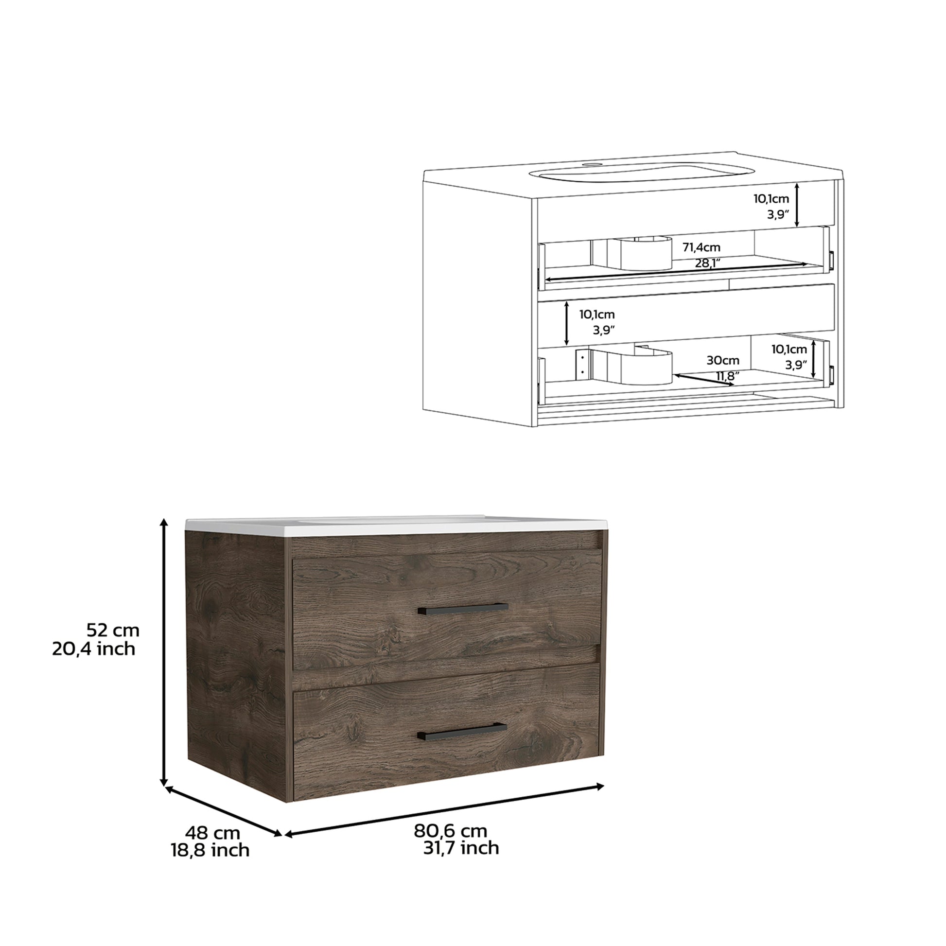 Floating Vanity Bathroom 20.4H" With 2 Drawer Organizers, Dark Brown White Multicolor Modern Particle Board Particle Board