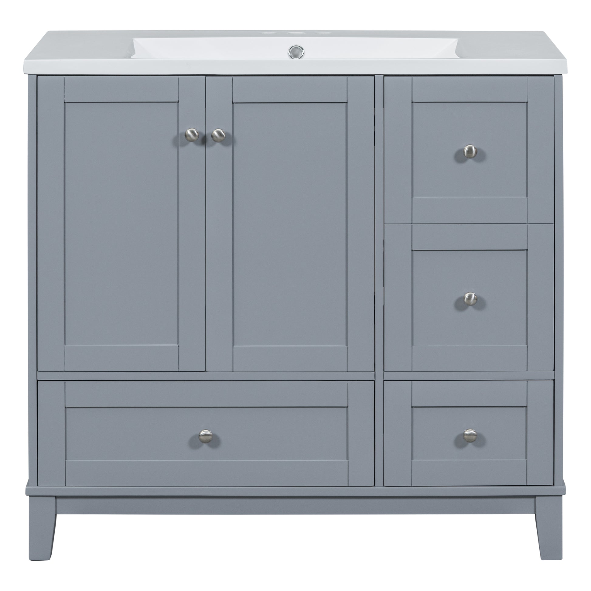 36 Inch Modern Bathroom Vanity With Usb Charging, Two Doors And Three Drawers Bathroom Storage Vanity Cabinet With Single Top, Small Bathroom Vanity Cabinet With Sinkwhite & Gray Blue Faucets Not Grey Solid Wood Mdf Resin