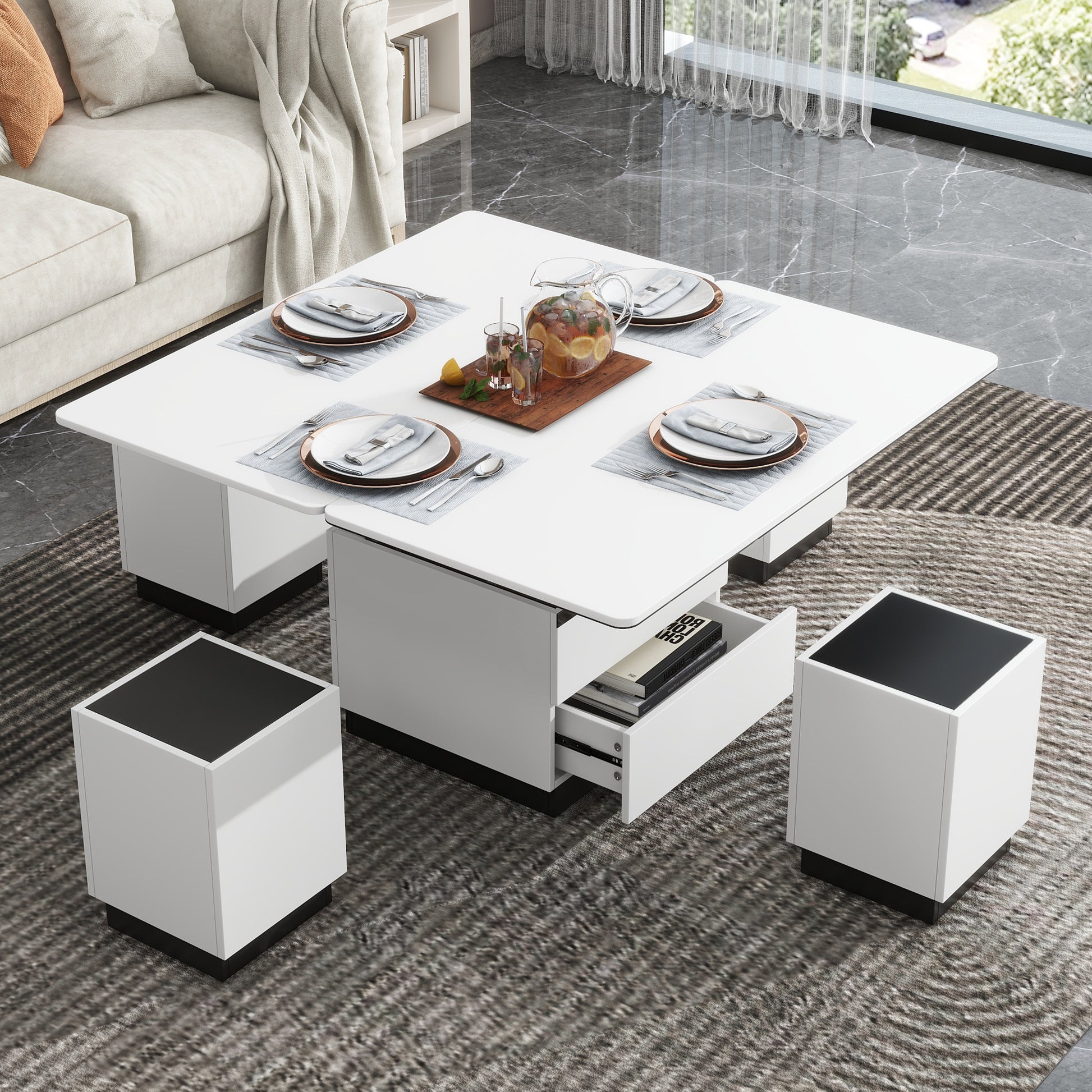 Modern White Lift Top Glass Coffee Table With Drawers & Storage Multifunction Table Black White Mdf Glass