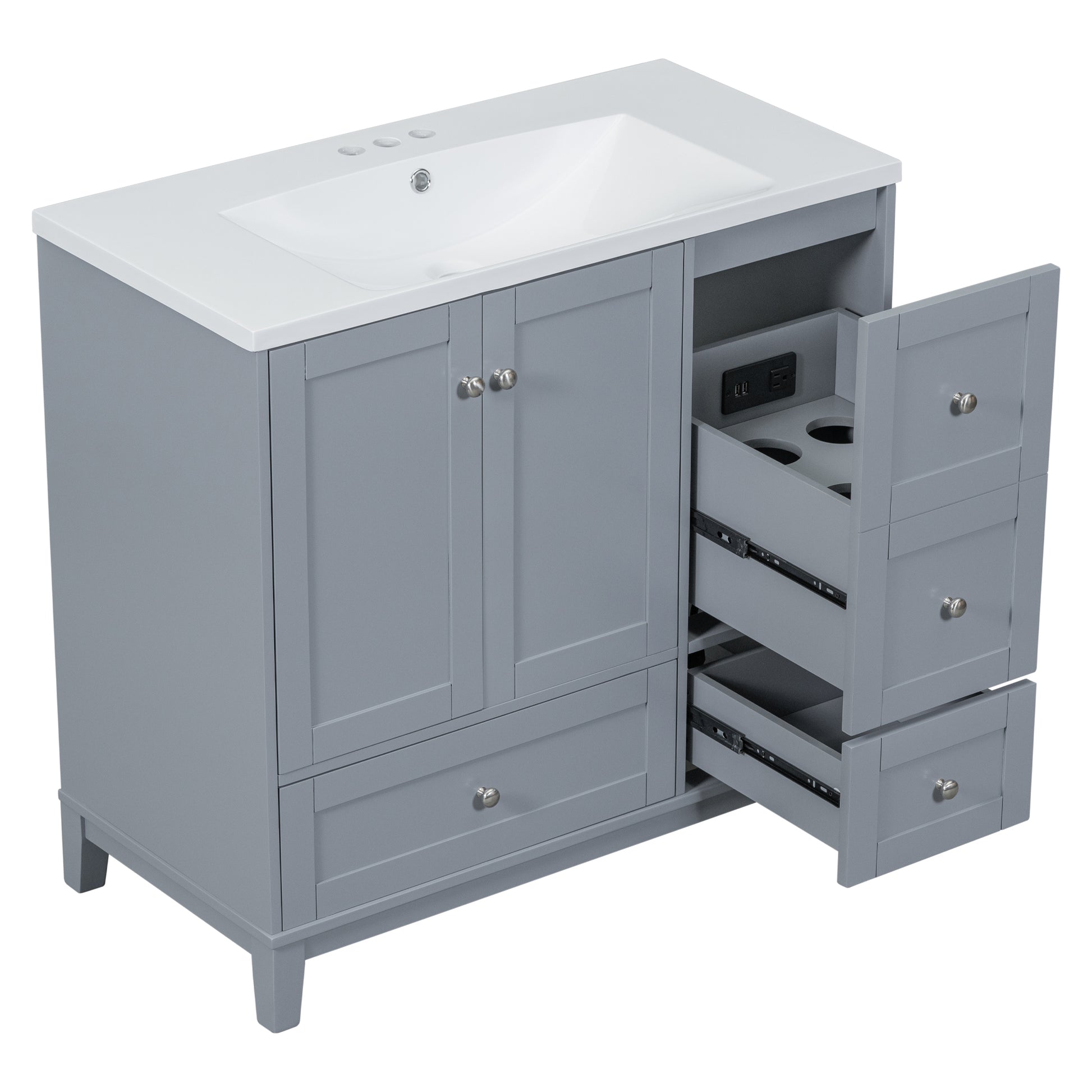 36 Inch Modern Bathroom Vanity With Usb Charging, Two Doors And Three Drawers Bathroom Storage Vanity Cabinet With Single Top, Small Bathroom Vanity Cabinet With Sinkwhite & Gray Blue Faucets Not Grey Solid Wood Mdf Resin