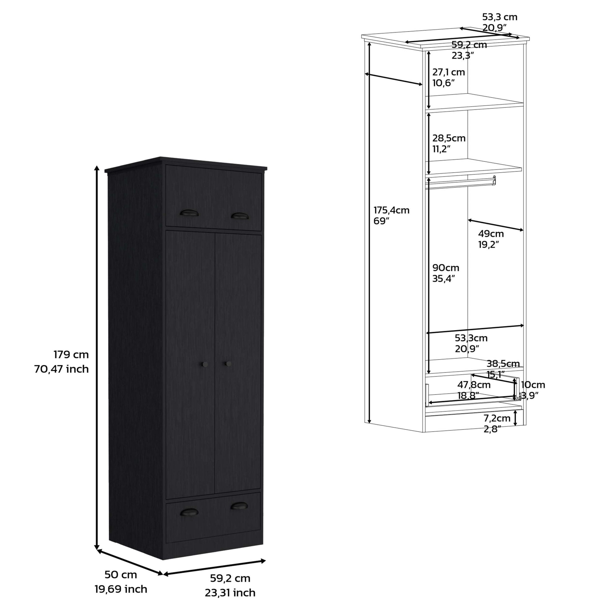 Dresser Closet With Upper Storage Covered With 1 Door, 2 Central Shelves, 1 Tube For Hanging Clothes Covered By 2 Doors, 1 Drawer At The Bottom, Black Black Particle Board Particle Board