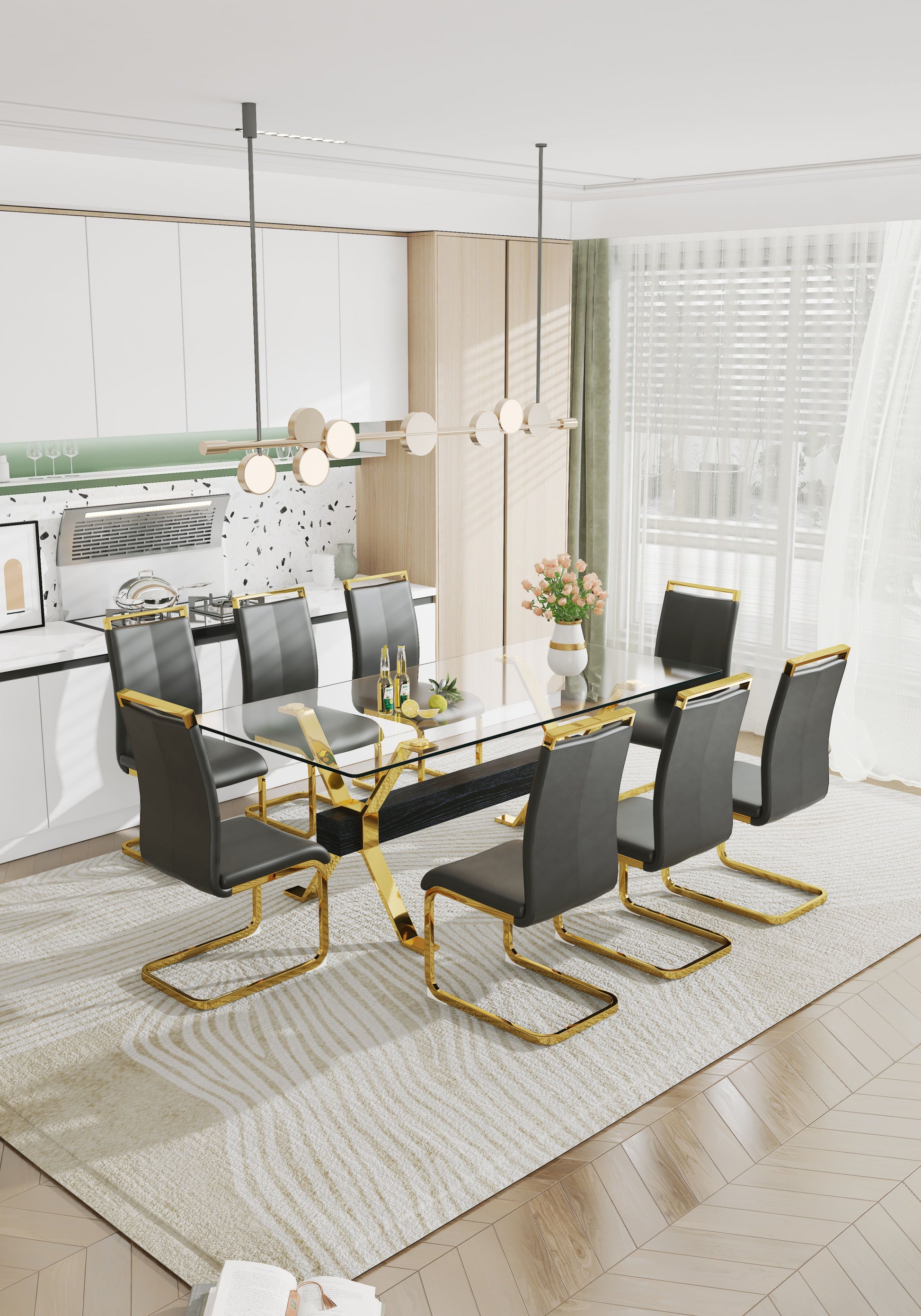 Dining Table. Modern Tempered Glass Dining Table. Large Modern Office Desk With Gold Plated Metal Legs And Mdf Crossbars, Suitable For Both Home And Office Use. Kitchen. 79 ''X39''X30 '' 1105 Transparent Glass